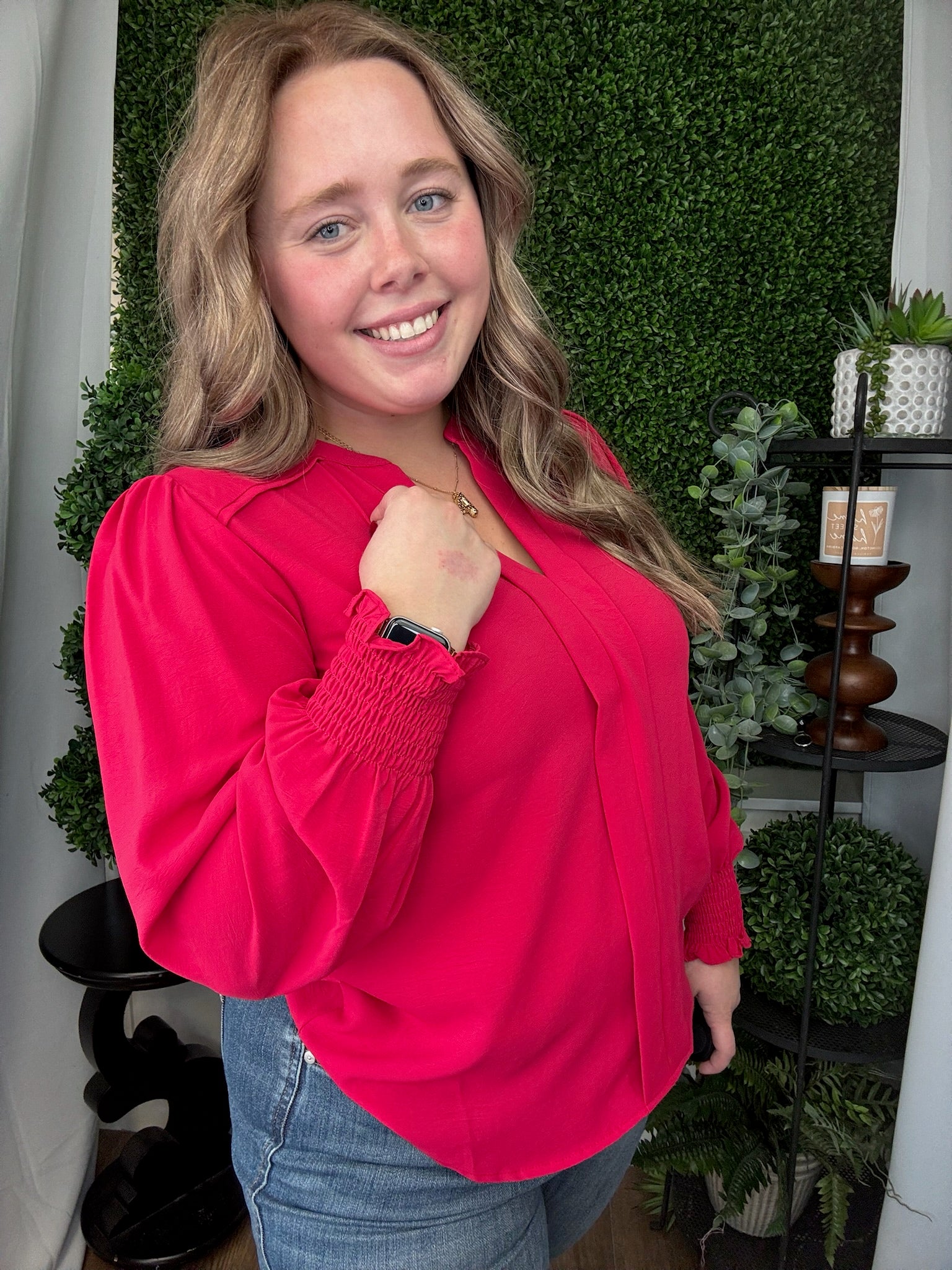 LONG SMOCKED SLEEVE FRONT PLEATS TOP