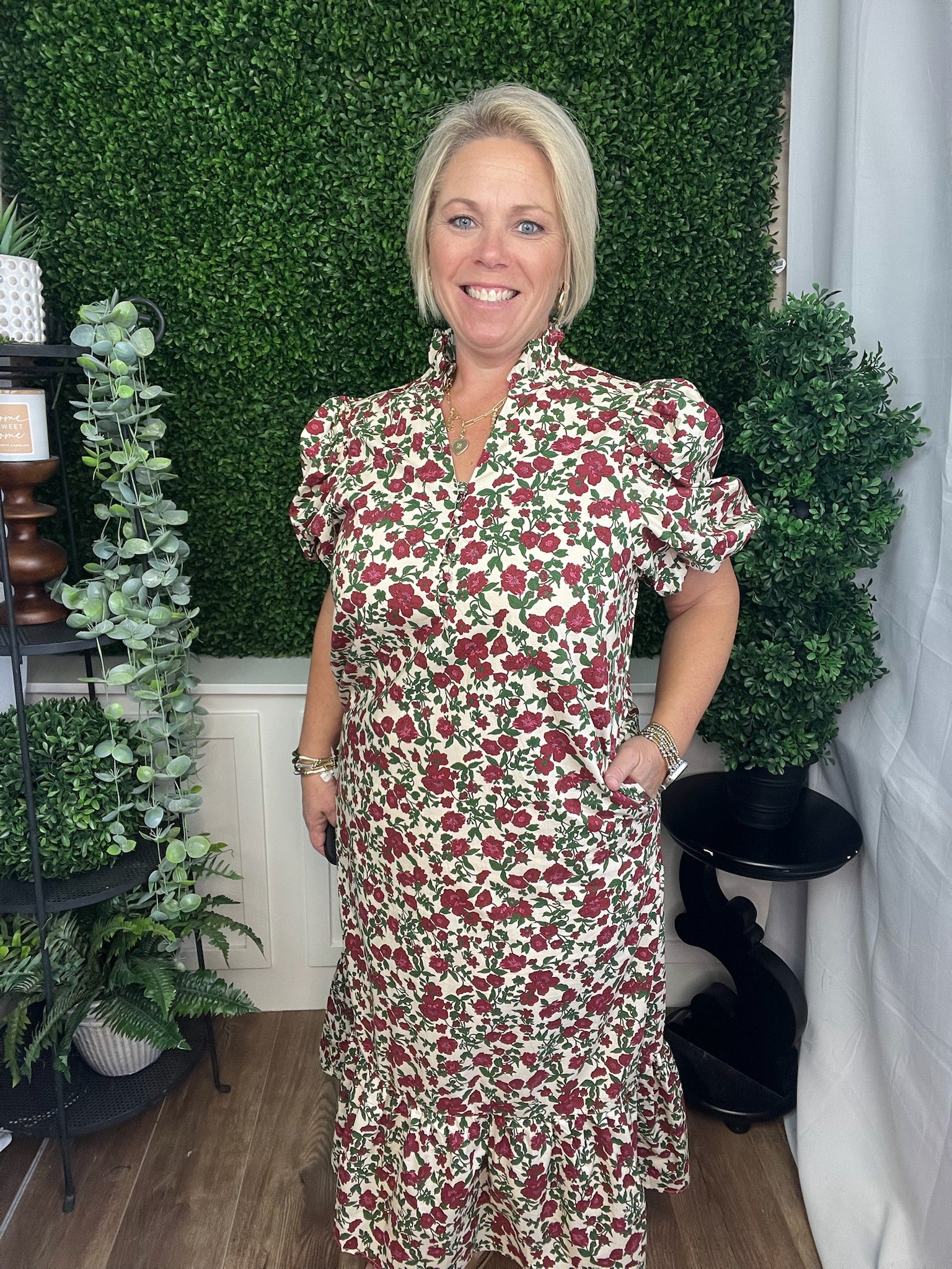 FLORAL PRINT BUBBLE SLEEVE MIDI DRESS- ECRU