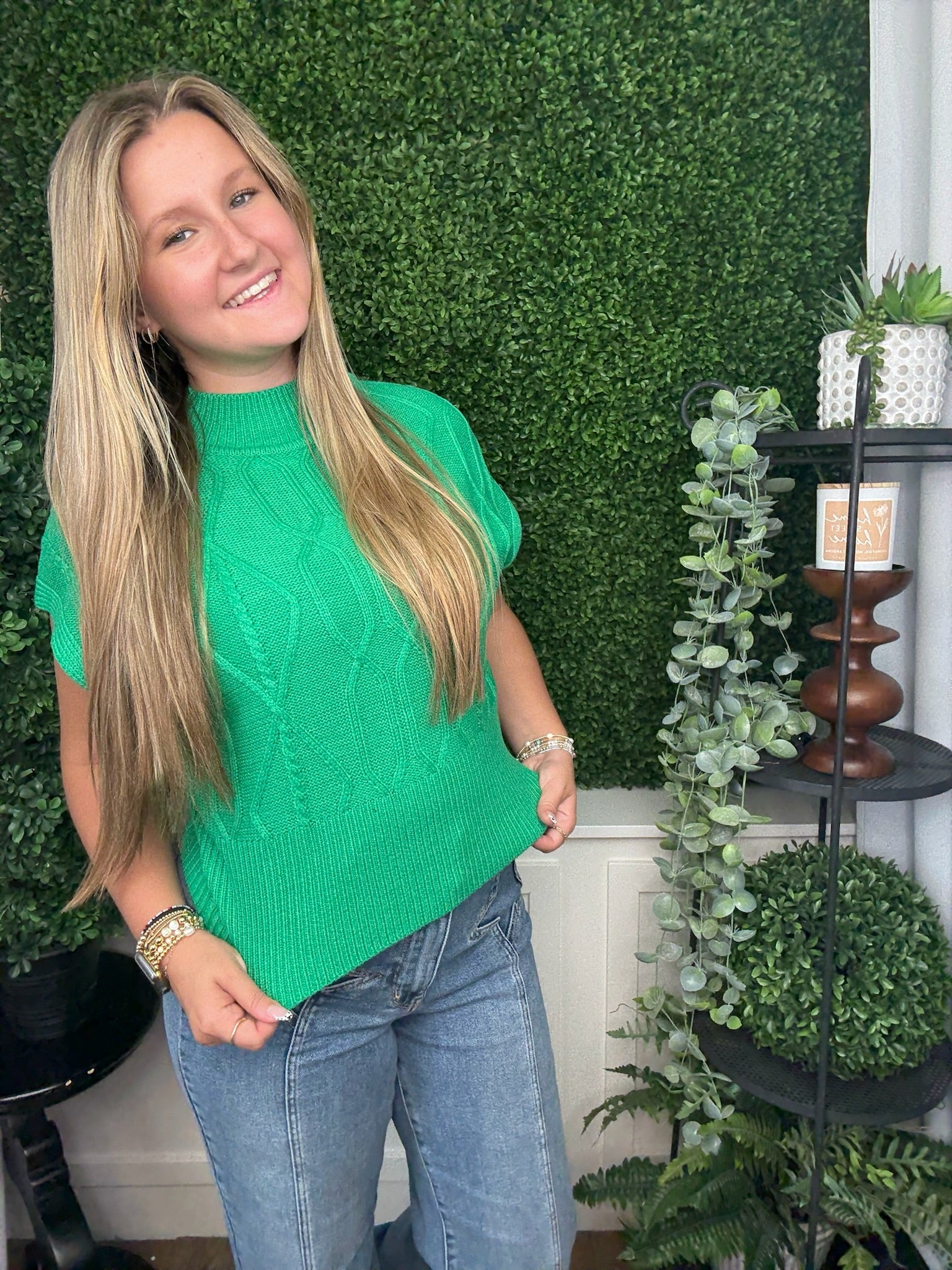 DIAMOND/CABLE KNIT CAP SLV SWEATER - KELLY GREEN