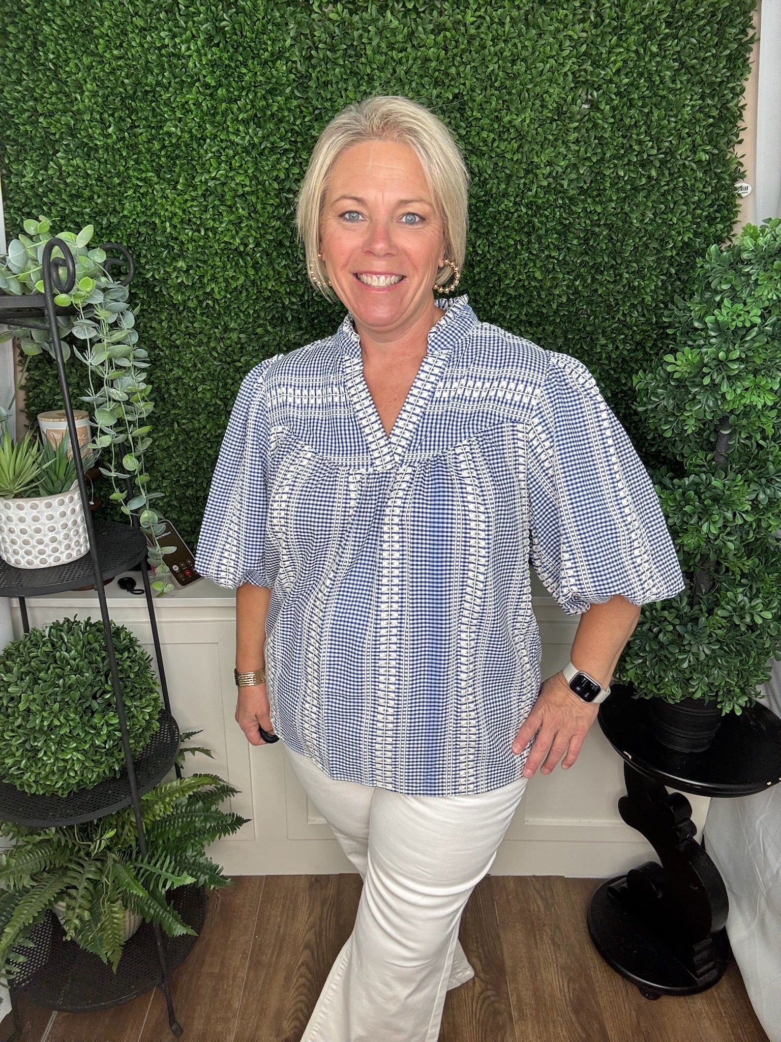 SPLIT NECK BALLOON SLEEVE TOP - BLUE