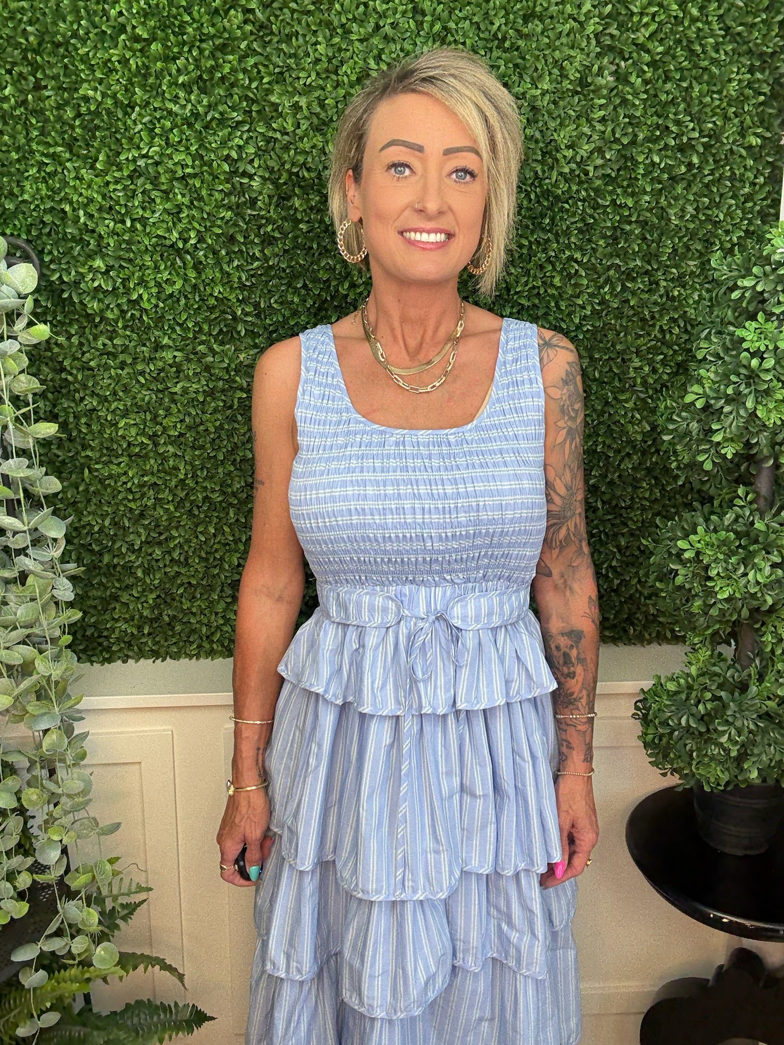 STRIPED TIERED RUFFLE MIDI DRESS - LT BLUE MULTI STRIPE