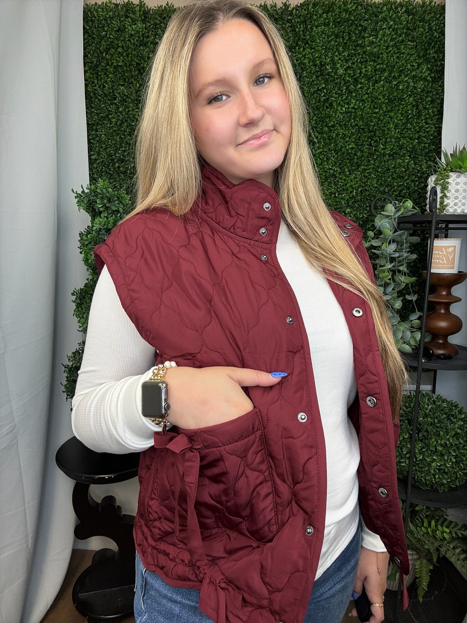 TIE DETAIL SNAP DOWN QUILTED PUFFER VEST