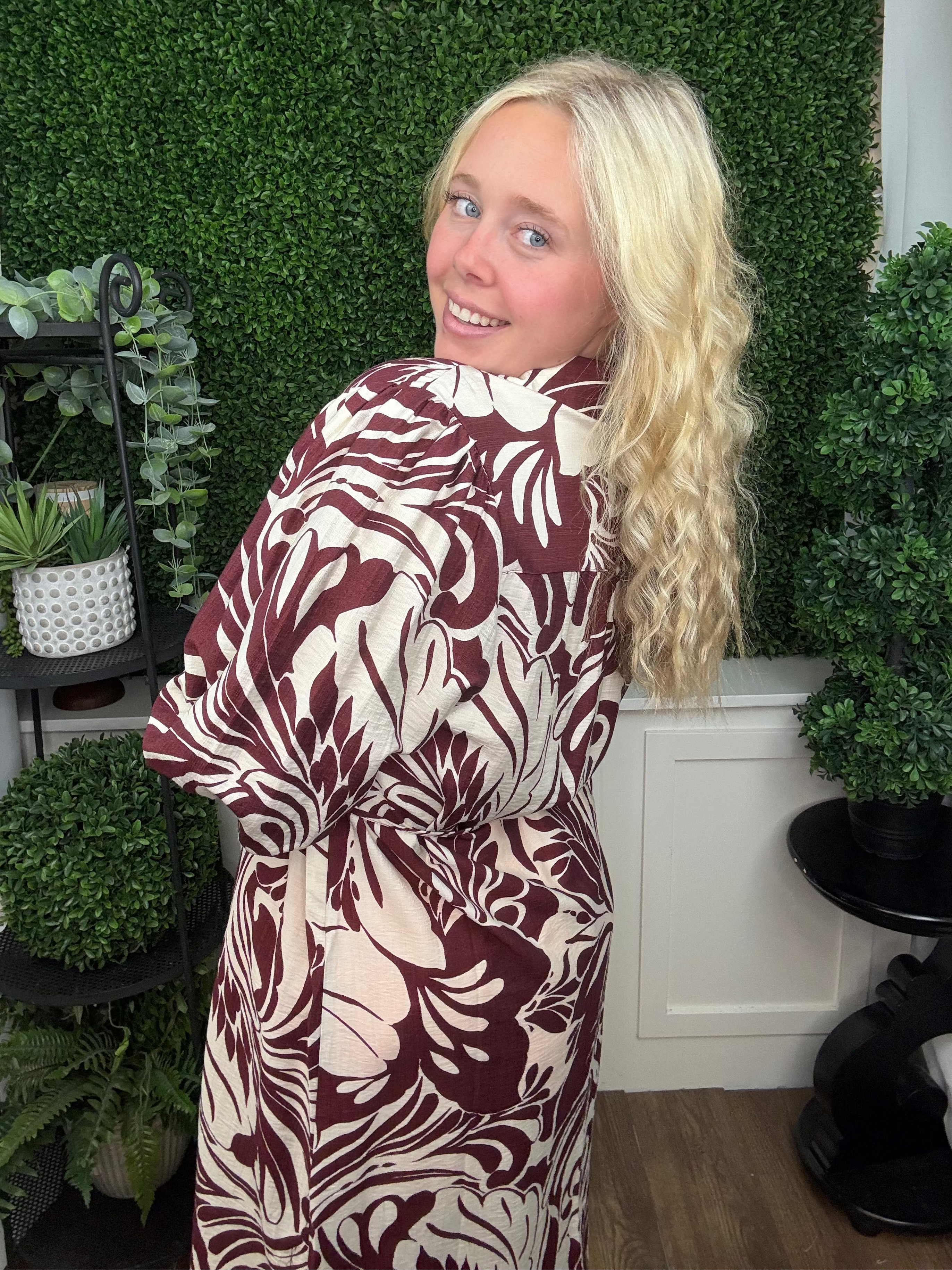 LINIQUE 3/4 BALLOON SLEEVE LEAF BUTTON DOWN DRESS - WINE