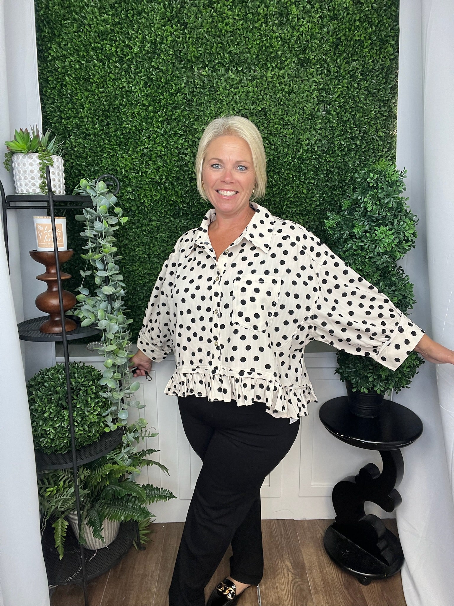 POLKA DOT PRINTED PEPLUM TOP - OFF WHITE/BLACK