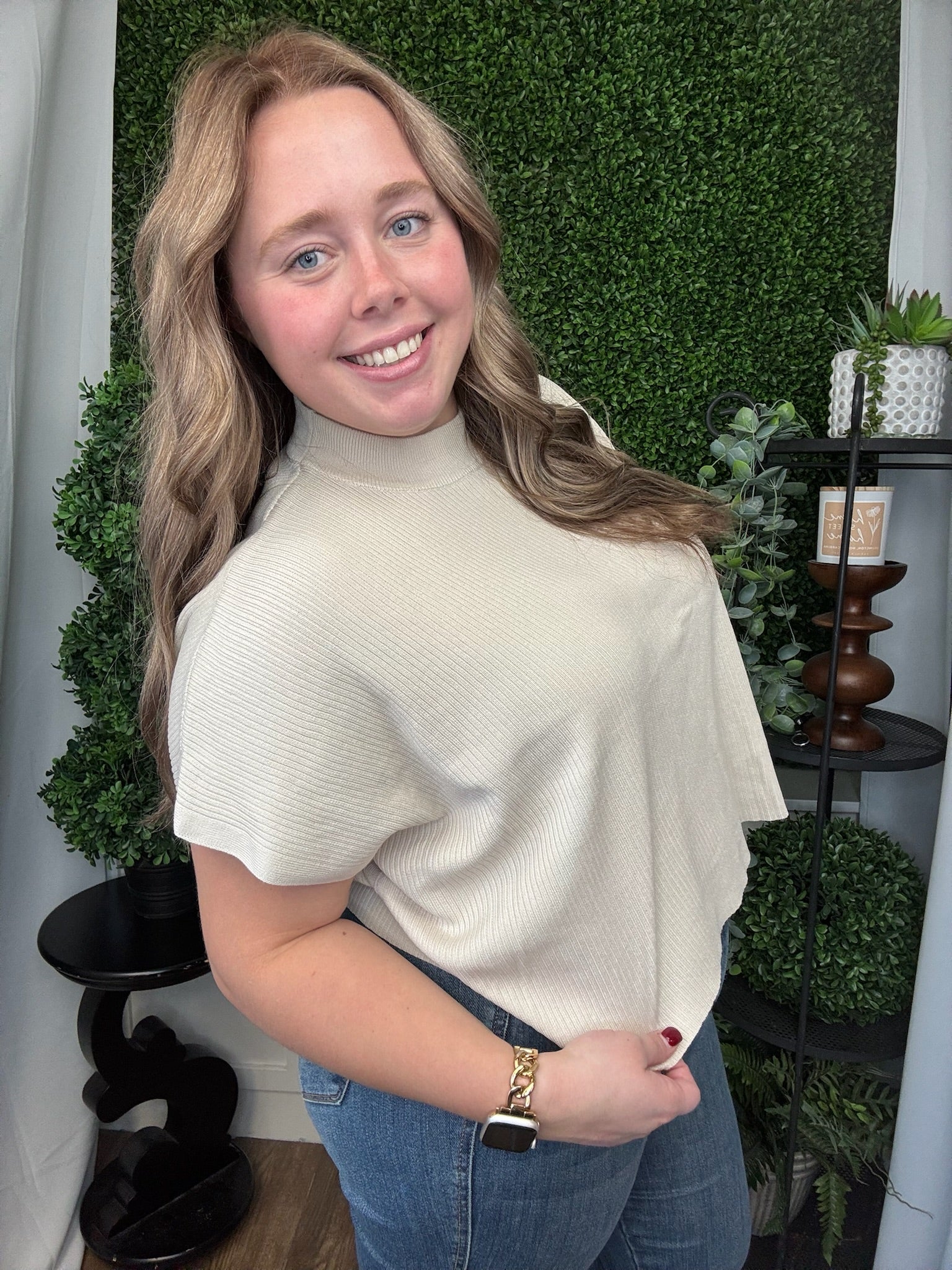 VISCOSE MOCK NECK SS BOXY SWEATER