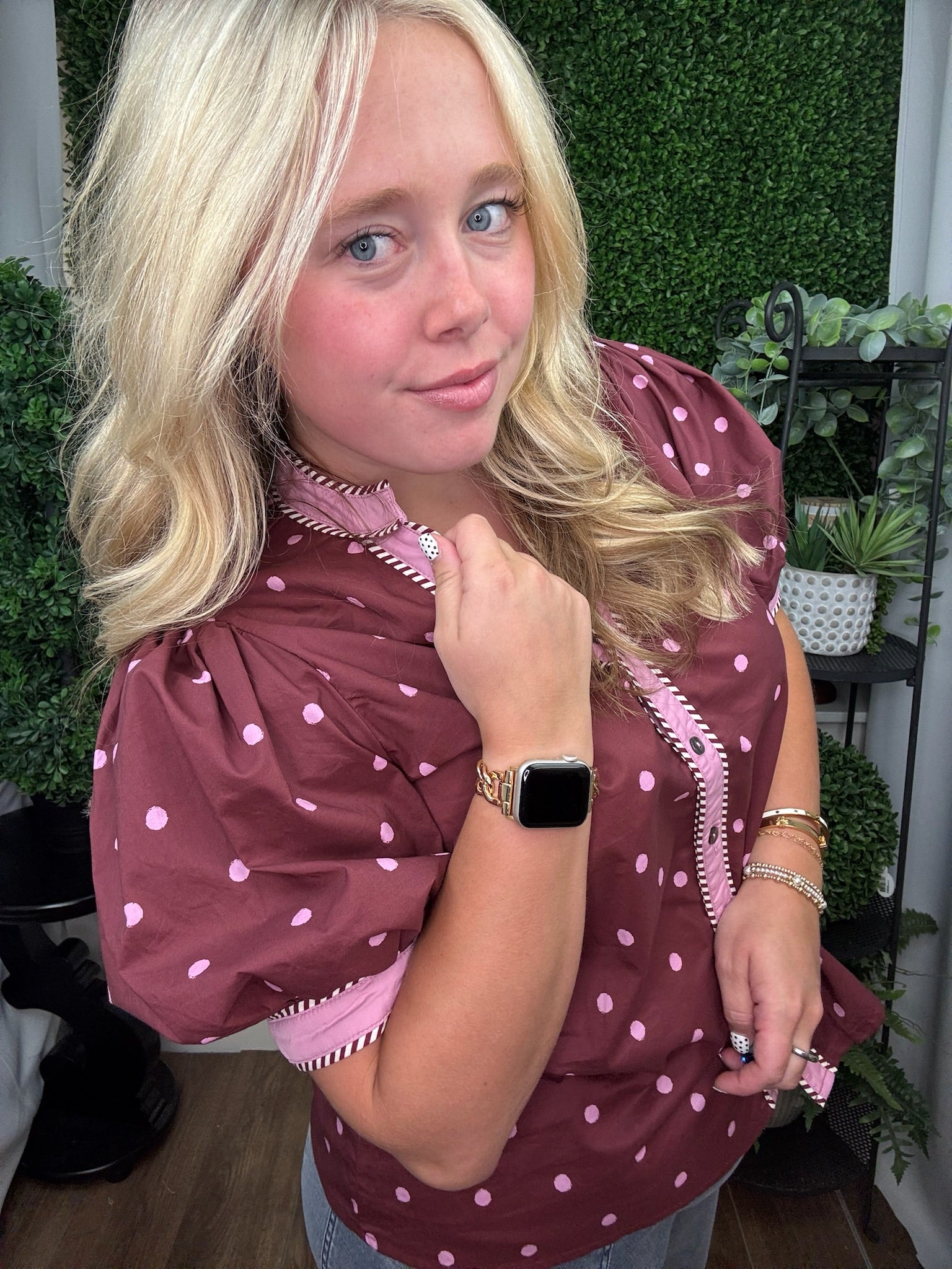 POLKA DOT PUFF SLEEVE BLOUSE - BURGUNDY