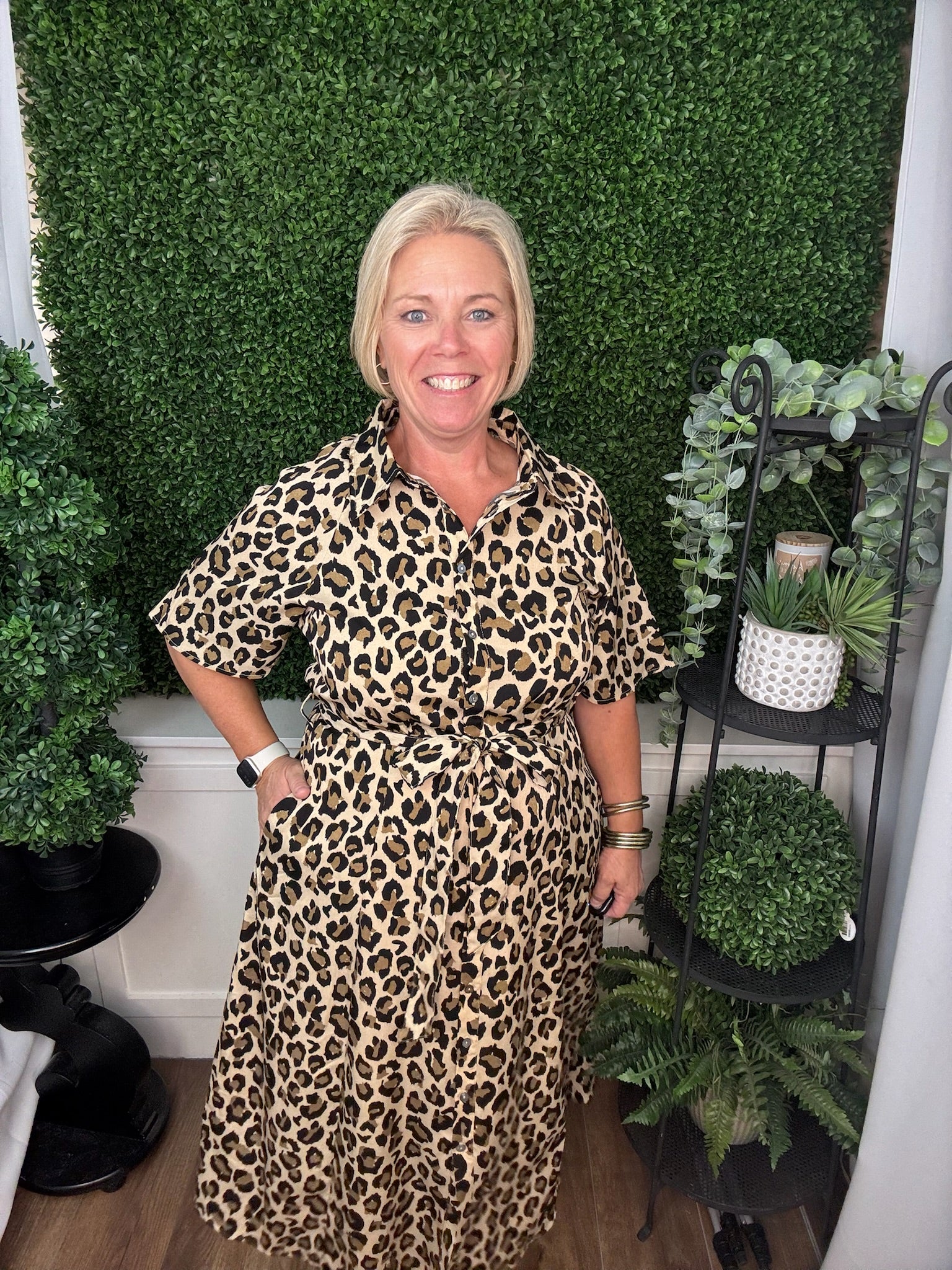HALF SLEEVE BUTTON LEOPARD WOVEN MIDI DRESS - TAUPE
