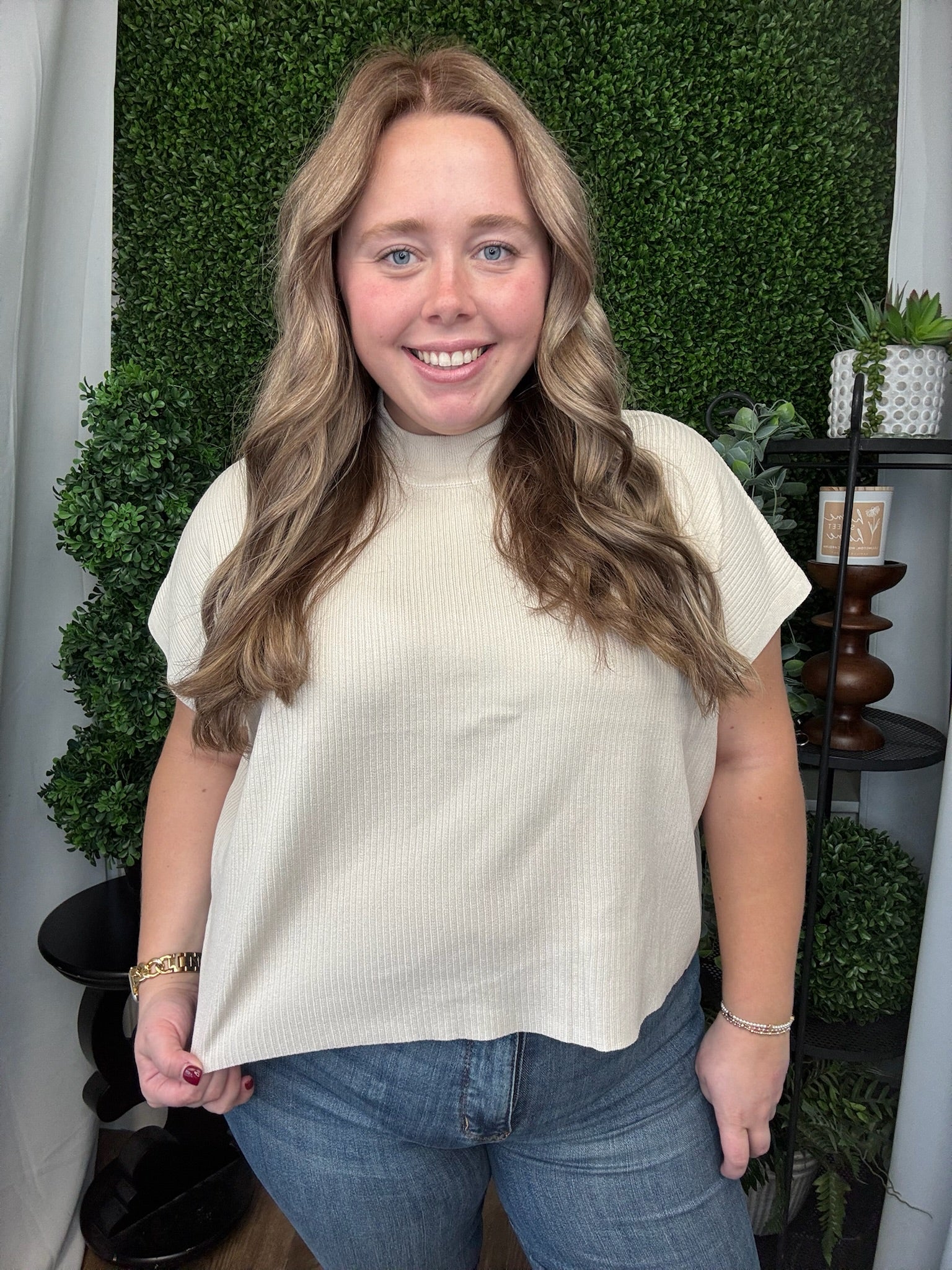 VISCOSE MOCK NECK SS BOXY SWEATER