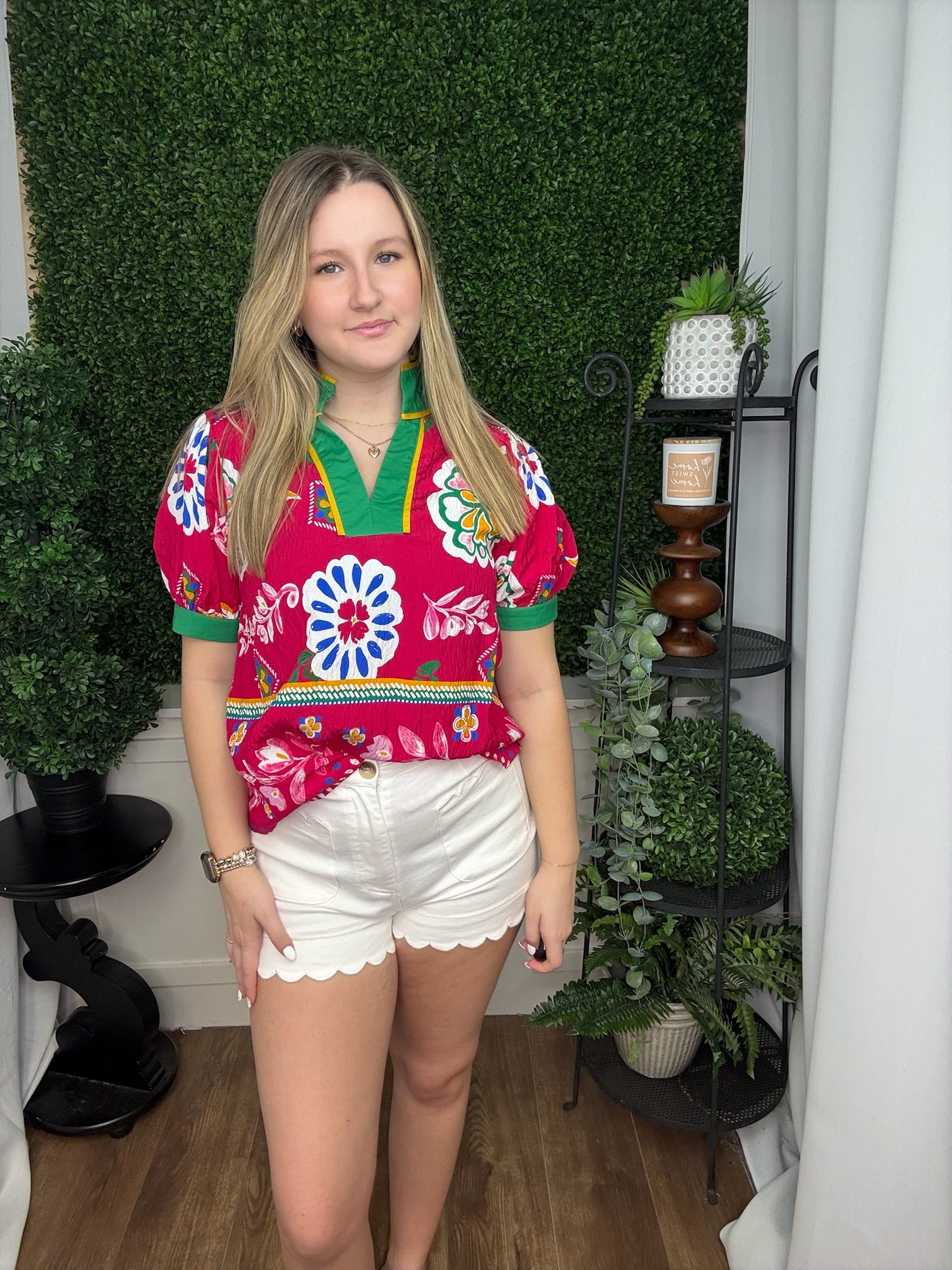 STANDING NECKLINE BOHO FLORAL TOP - FUCHSIA