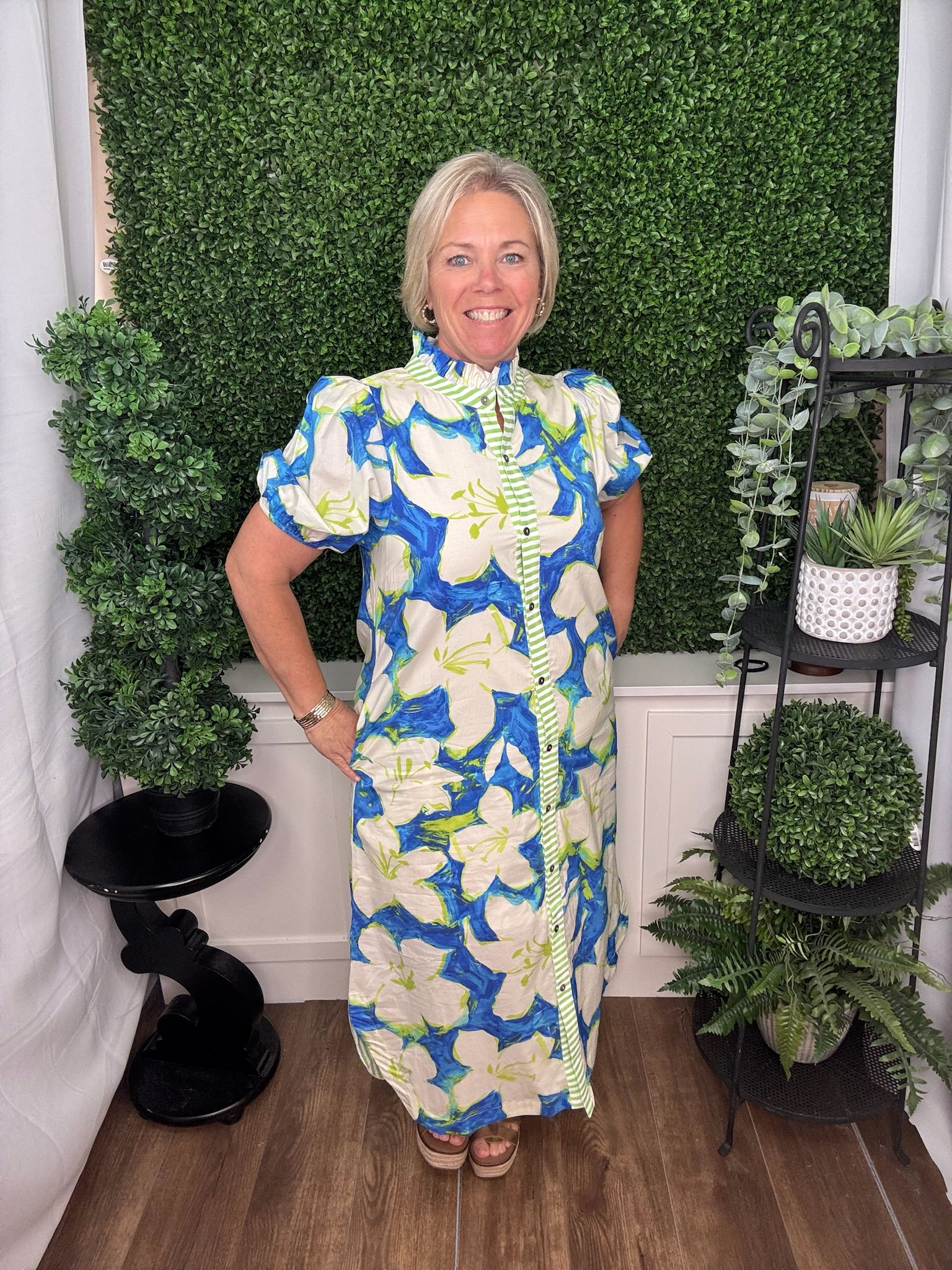 Tropical Bloom Puff Sleeve Shirt Dress