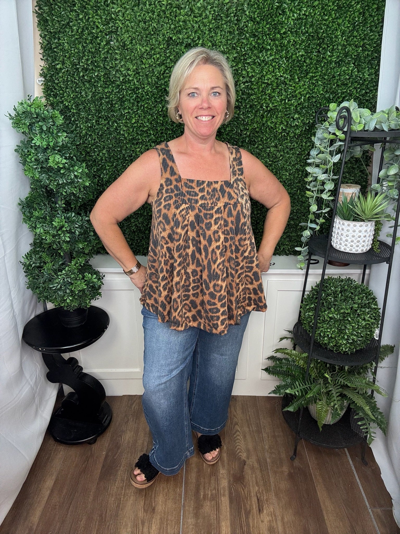 Leopard Print Sleeveless Square Neck Top - Camel