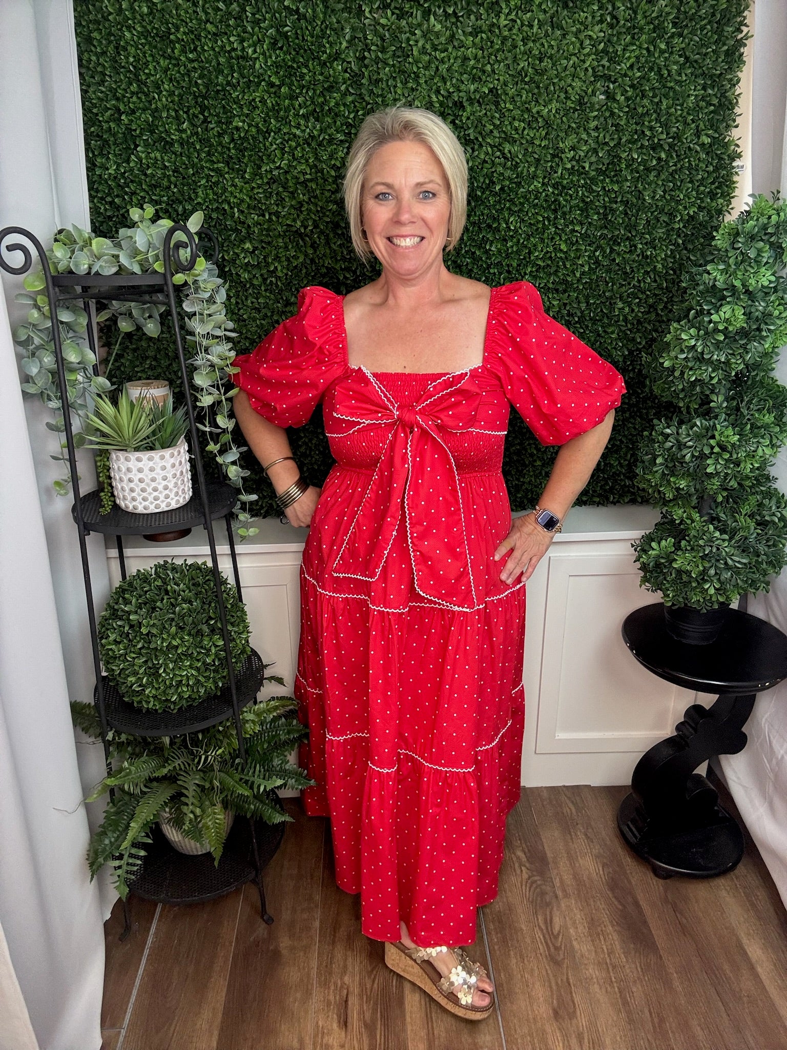 Scarlet Polka Smocked Tie-Front Dress