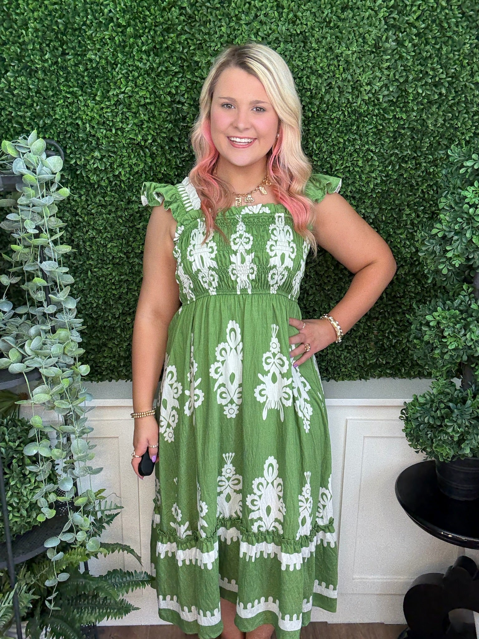 ABSTRACT SMOCKED MIDI DRESS - GREEN