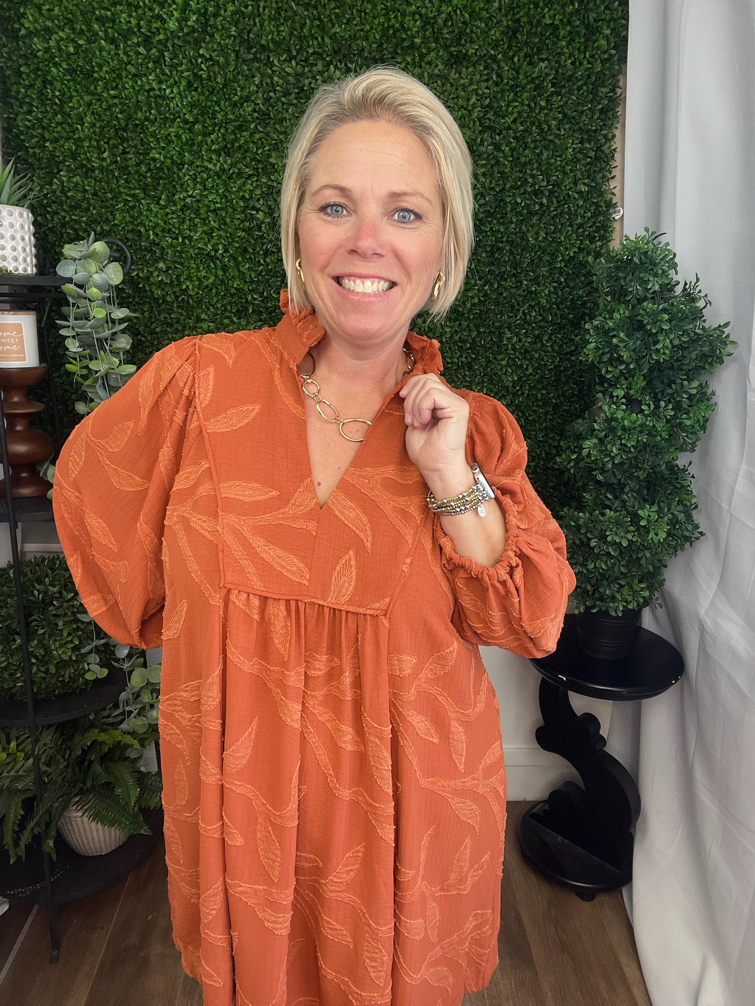 JACQUARD HIGH RUFFLE NECK DRESS - RUST