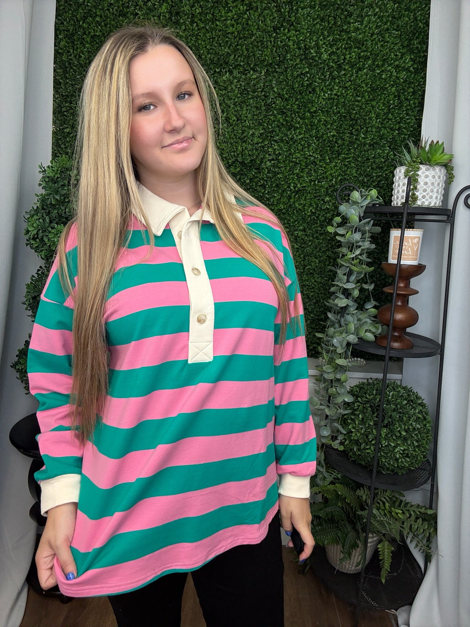 LS OVERISZED FRENCH TERRY STRIPED COLLAR TOP - PINK/JADE