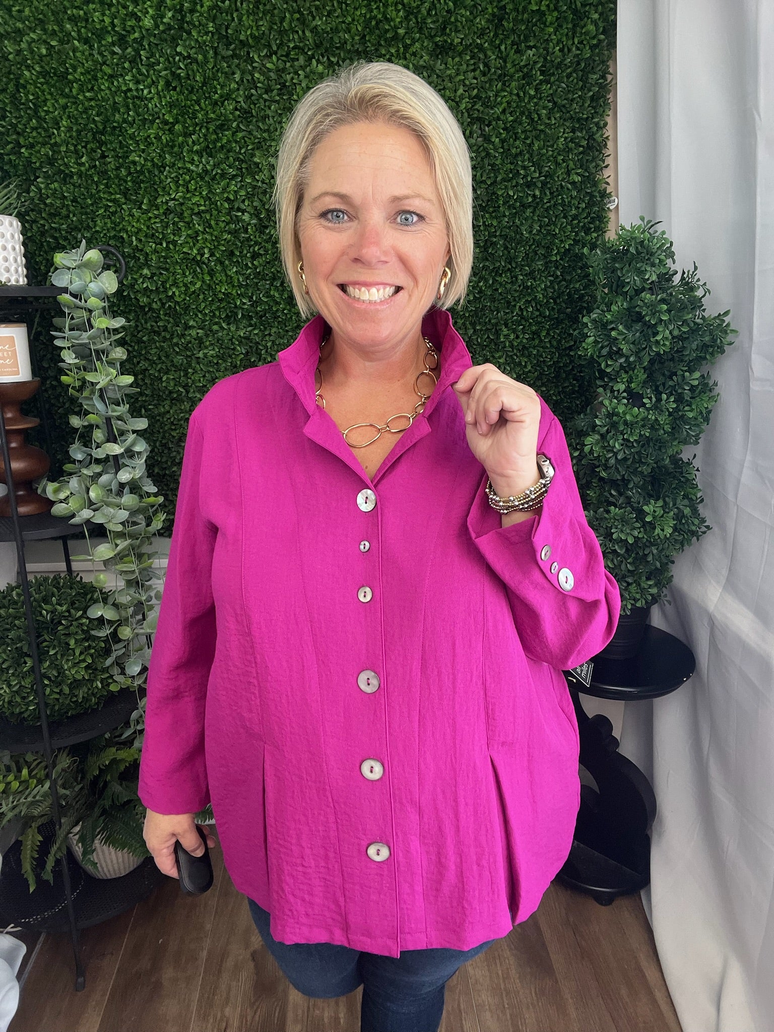 WOVEN BUTTON FRONT TUNIC 3/4 SLEEVE - MAGENTA