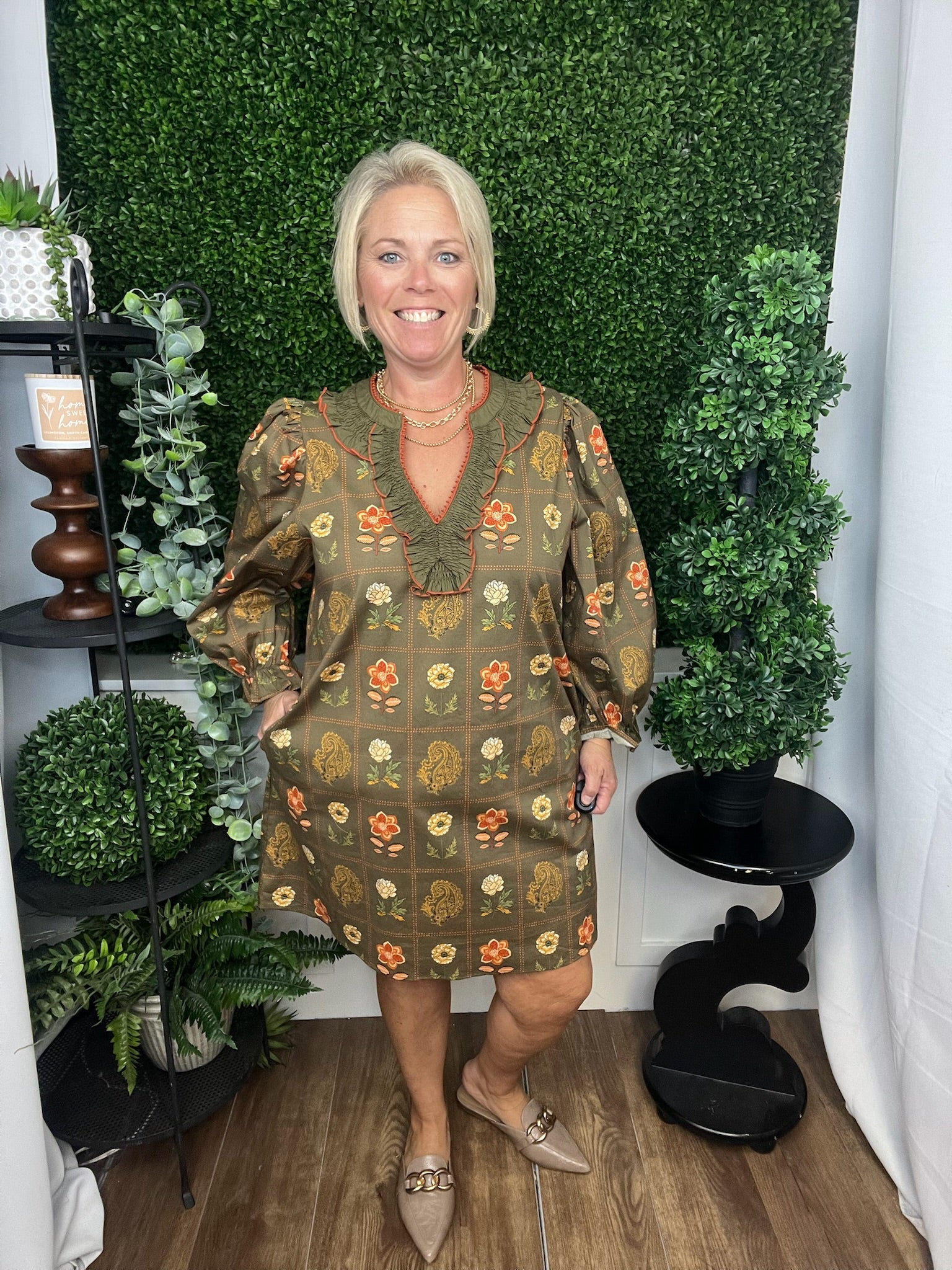 FLORAL PRINT 3/4 PUFF SLEEVE MINI DRESS - OLIVE