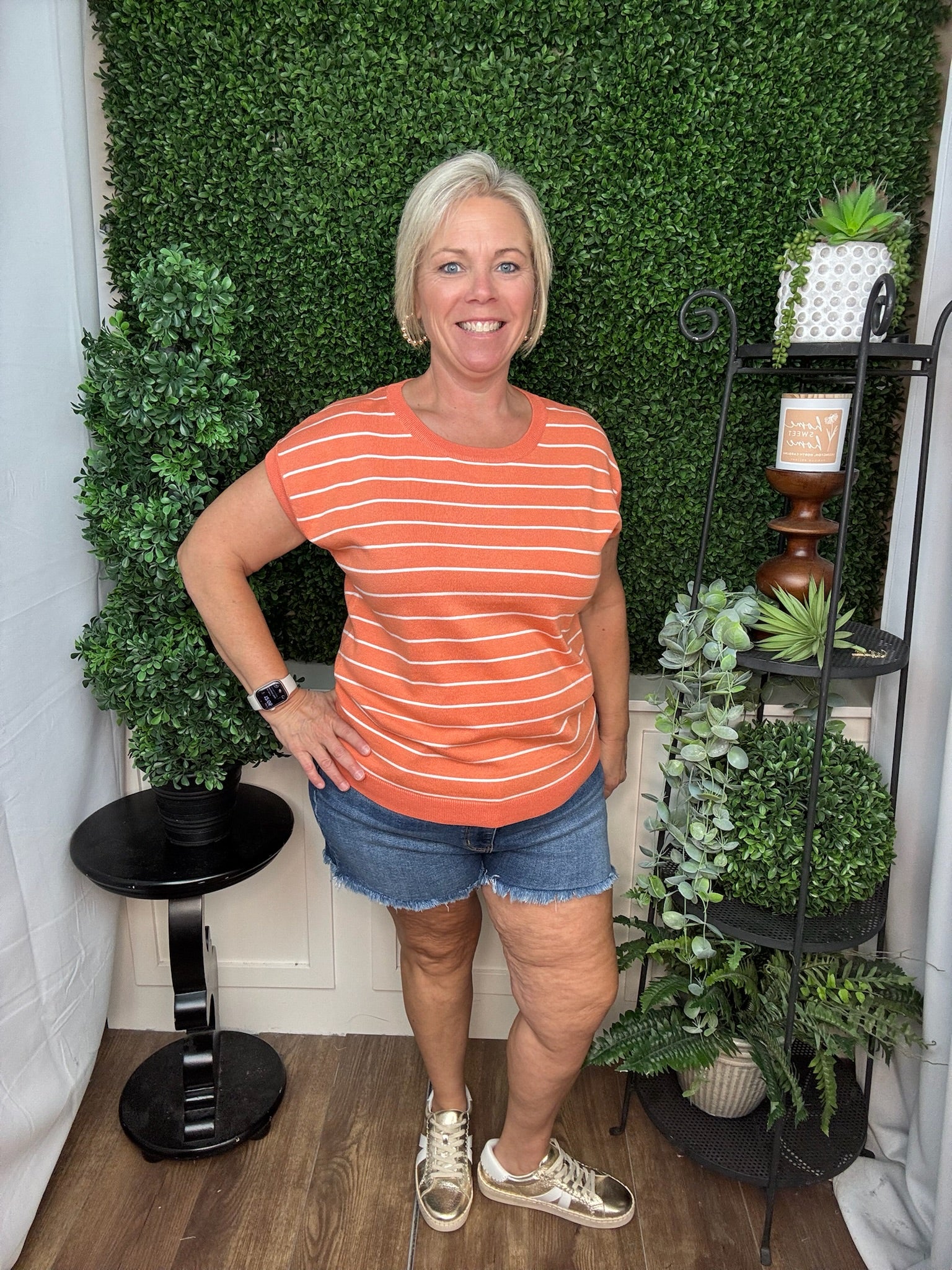 Orange & White Striped Short Sleeve Knit Top