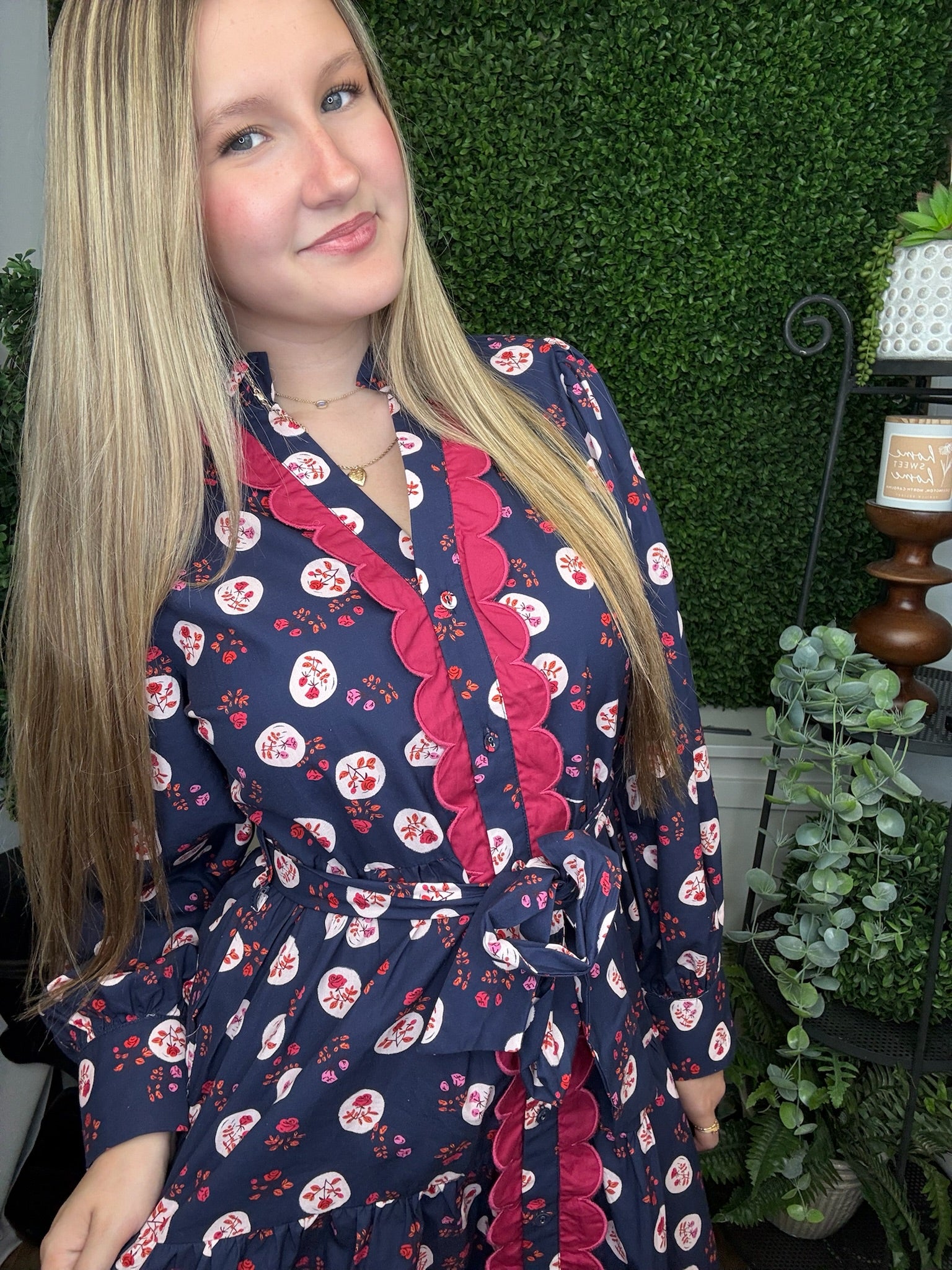 SCALLOP EDGE DETAIL BUTTON DOWN FLORAL DRESS - COBALT BLUE