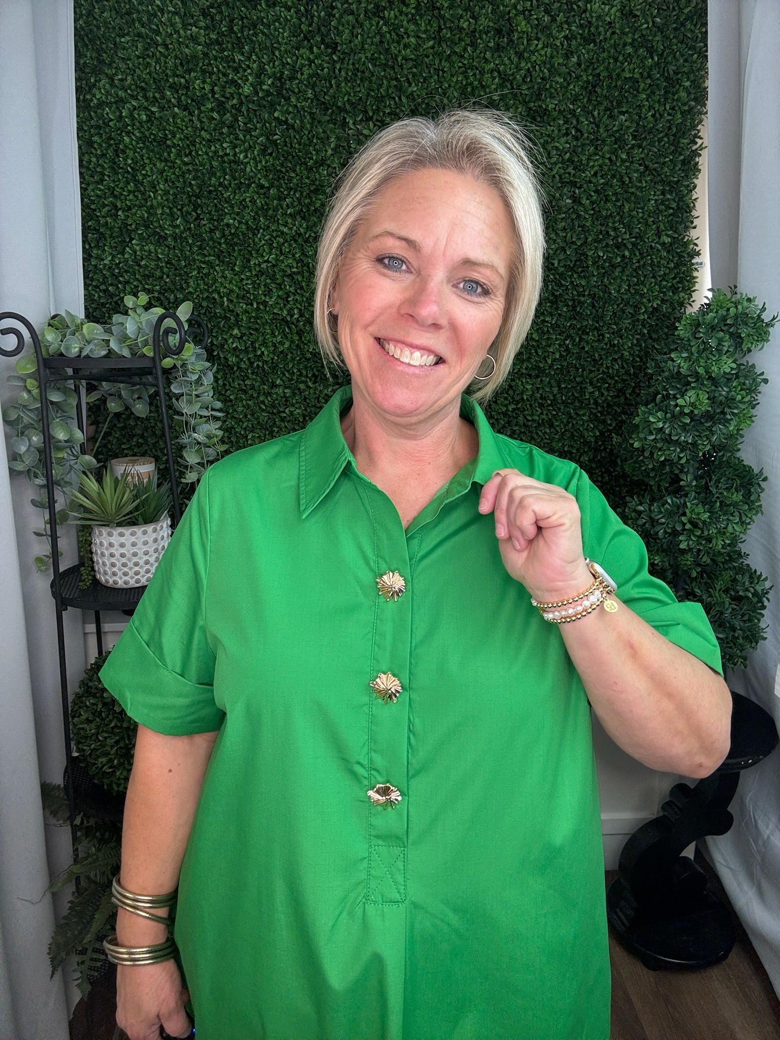 Button Front Midi Shirt Dress Green / 1XL