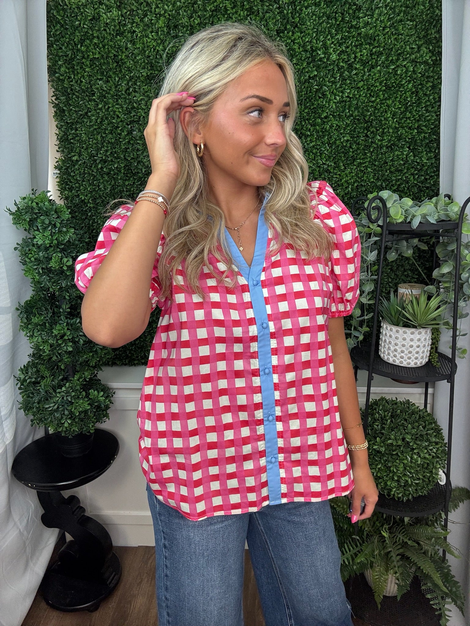 Gingham Puff Sleeve Contrast Collar Blouse