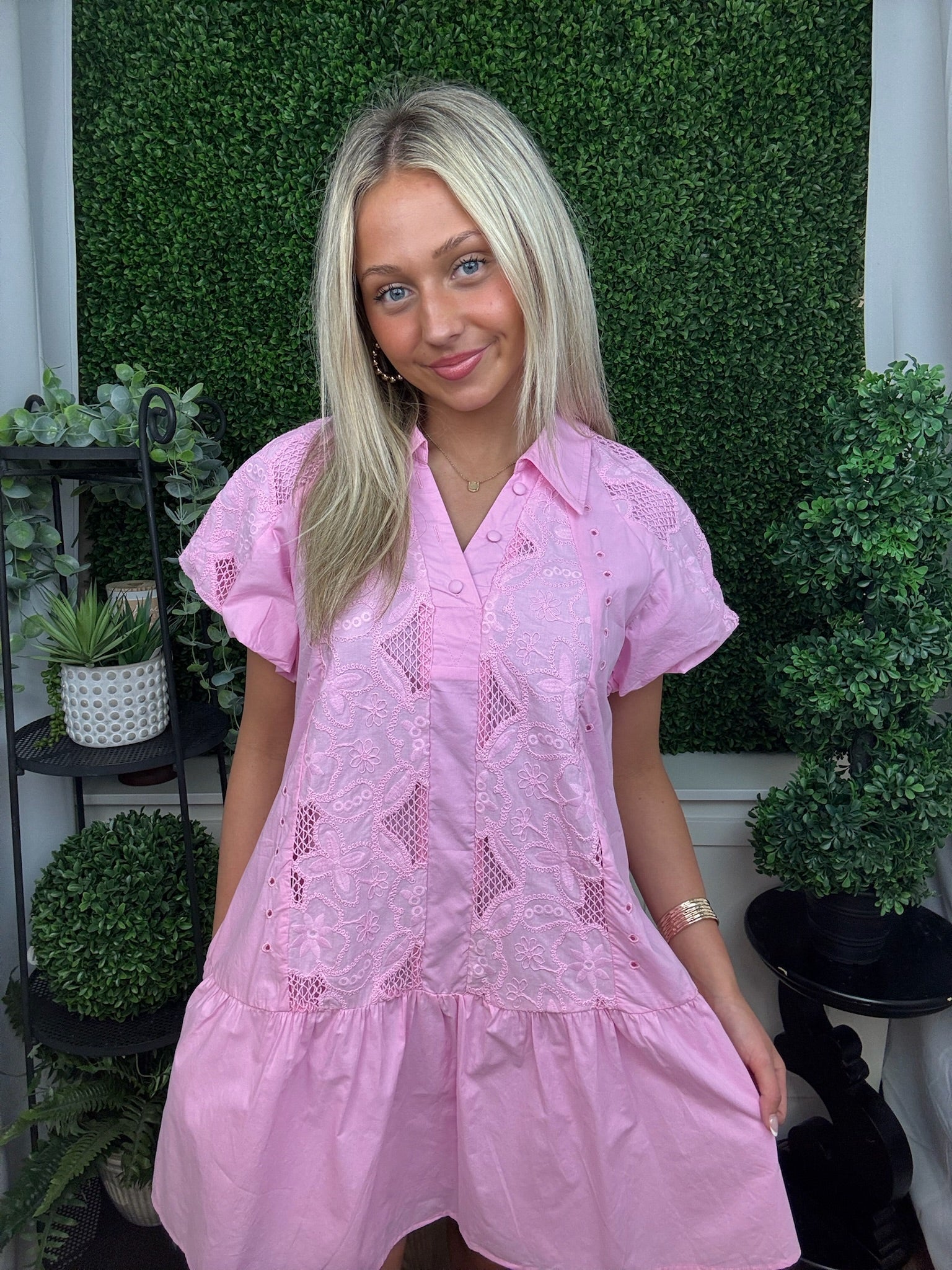 Pink Lace Panel Collared Dress