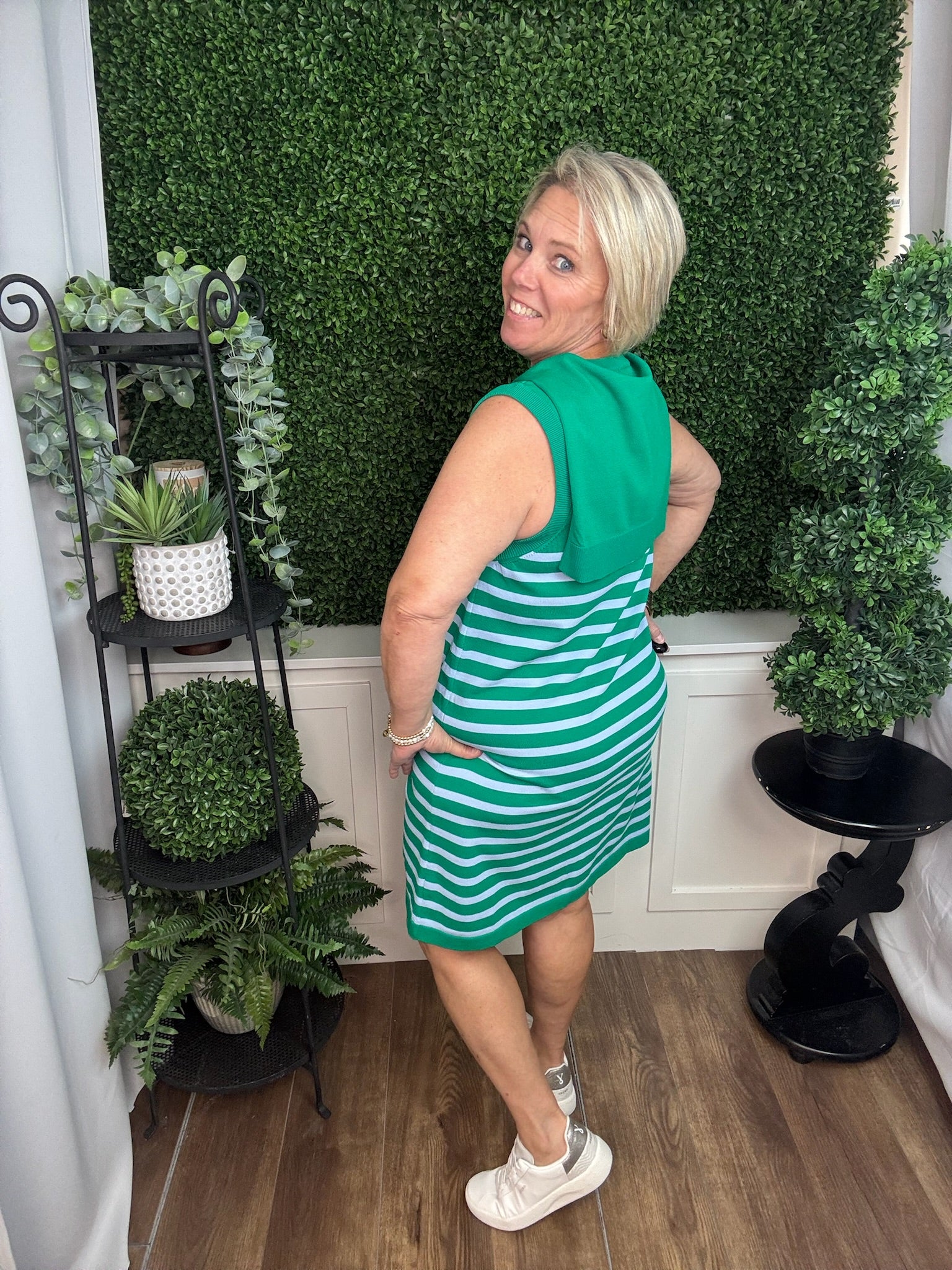 GREEN SLEEVELESS DRESS W/ FAKE SWEATER
