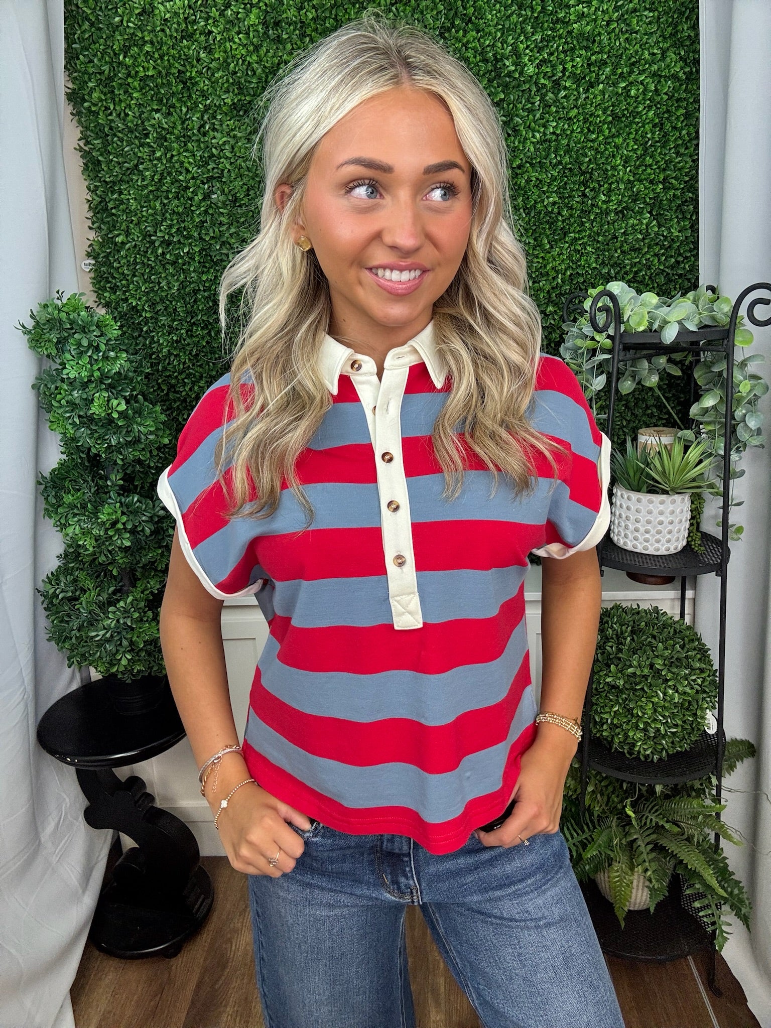 Striped Polo Knit Top with Contrast Collar