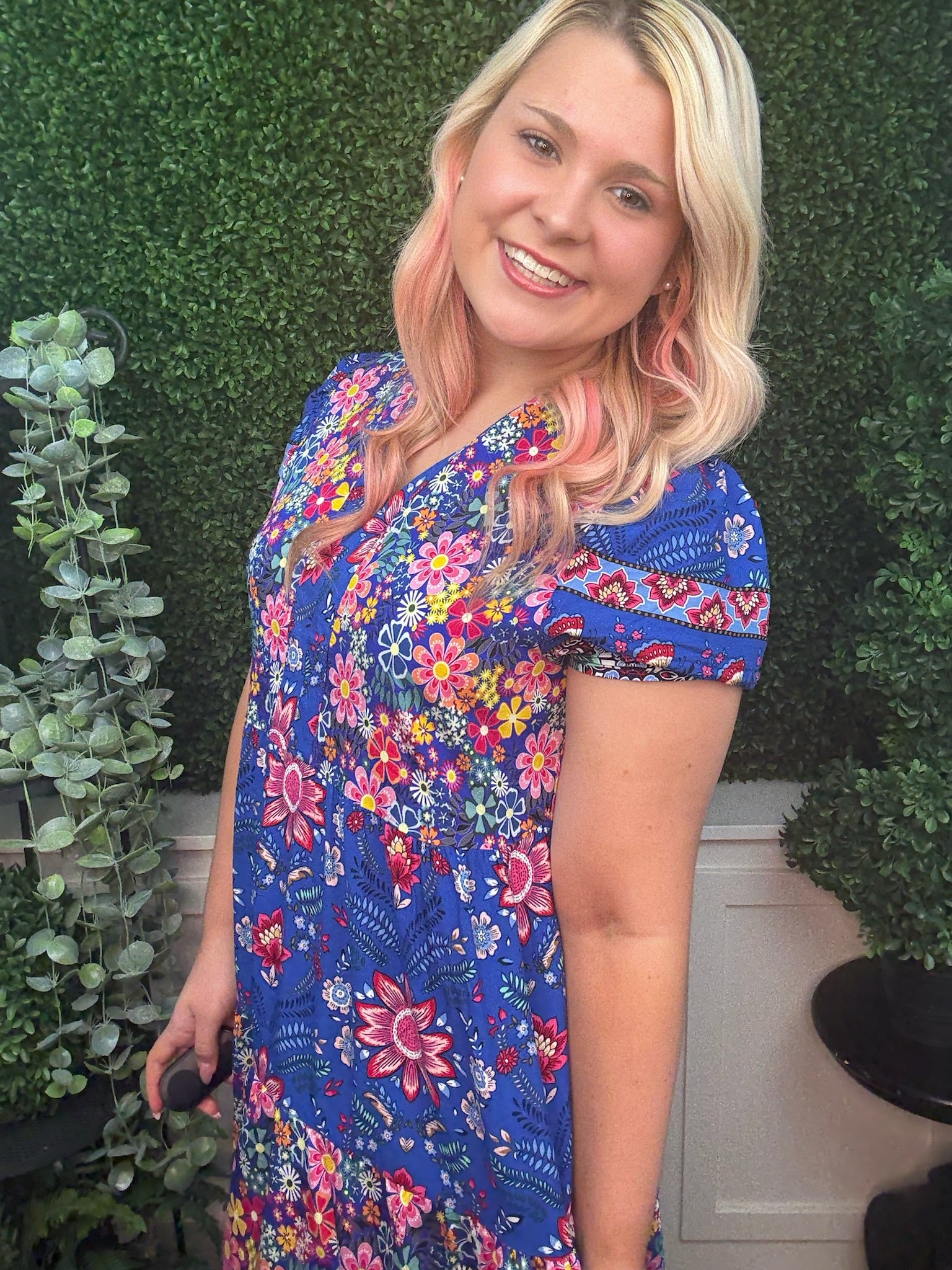 MIXED PRINT TIERED MIDI DRESS - COBALT MIX