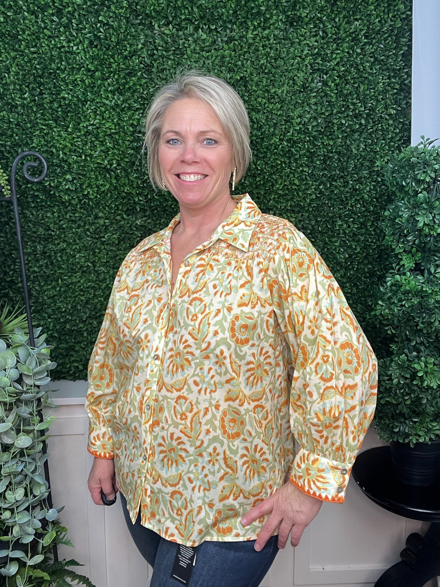 SMOCKED DETAIL BUTTON FRONT TOP - MULTI