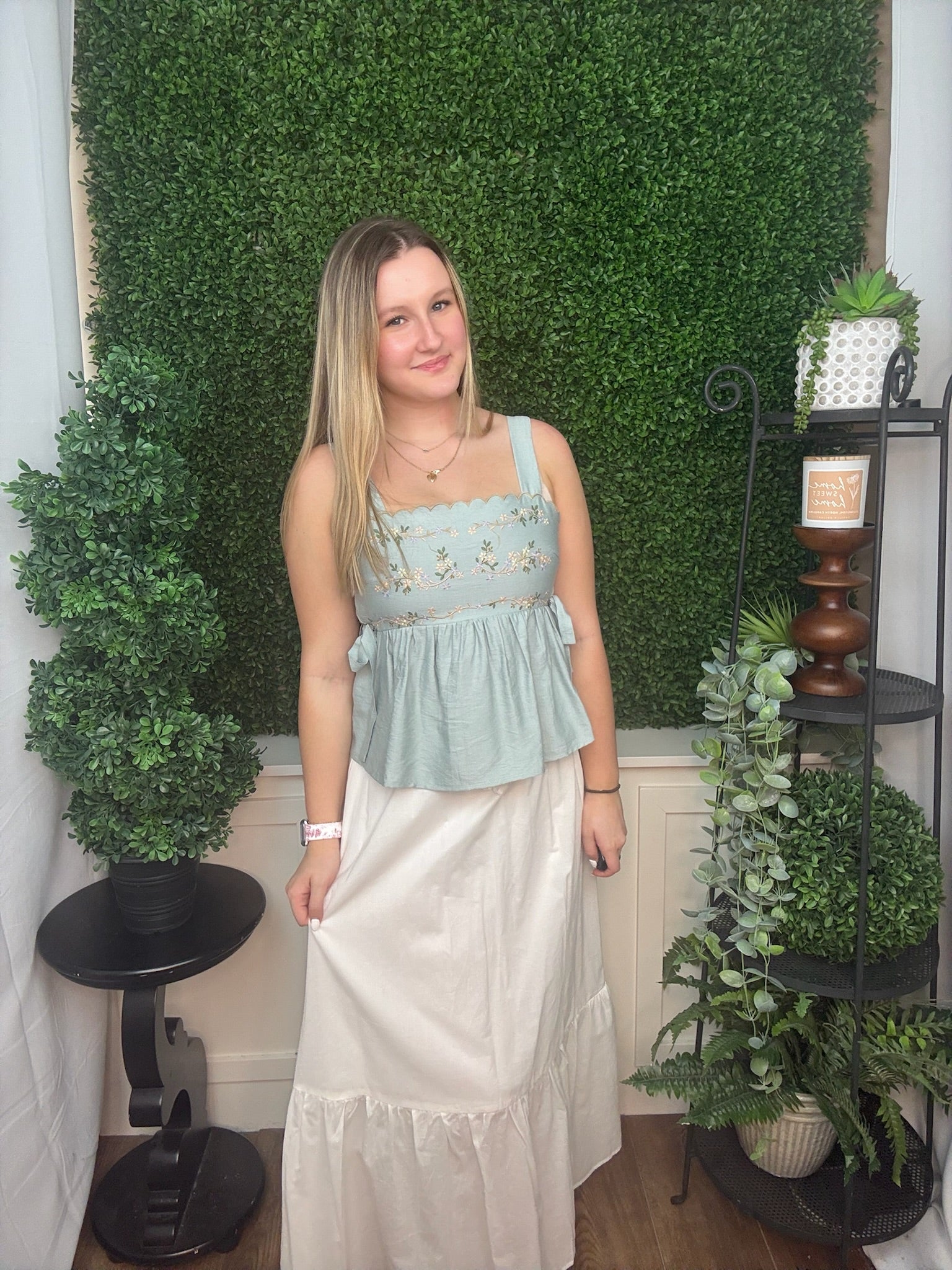 Embroidered Scallop Trim Peplum Top