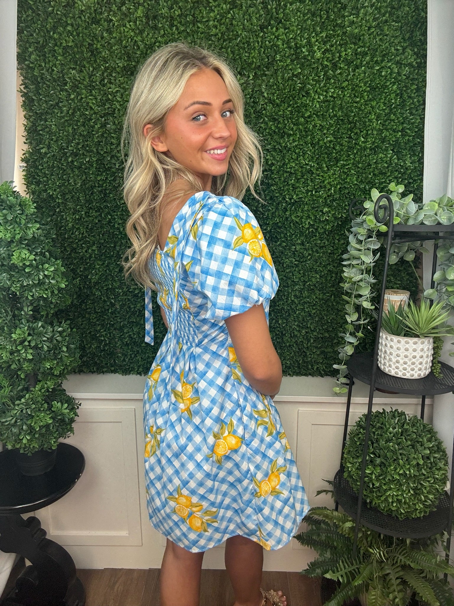 Blue Gingham Lemon Puff Sleeve Dress
