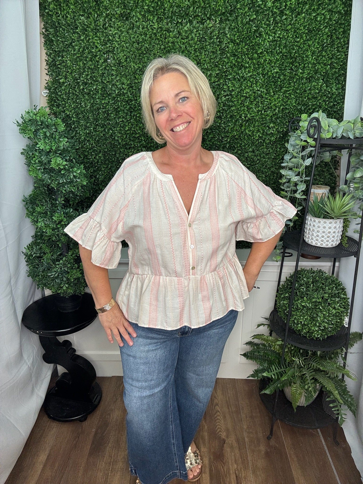 Cream & Blush Stripe Tiered Peplum Top