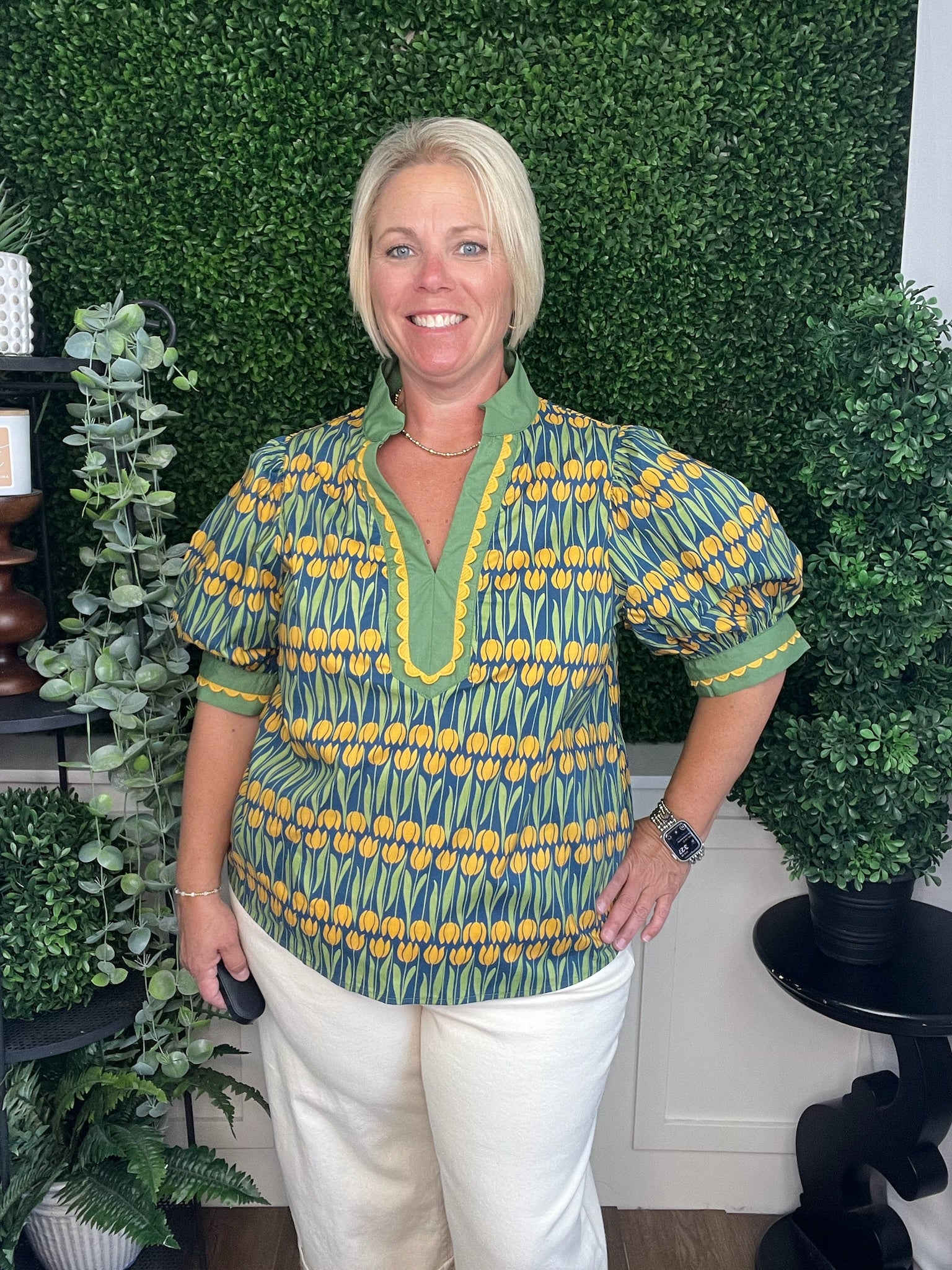 FLORAL PATTERN CUFF BAND SHORT SLEEVE TOP - TEAL