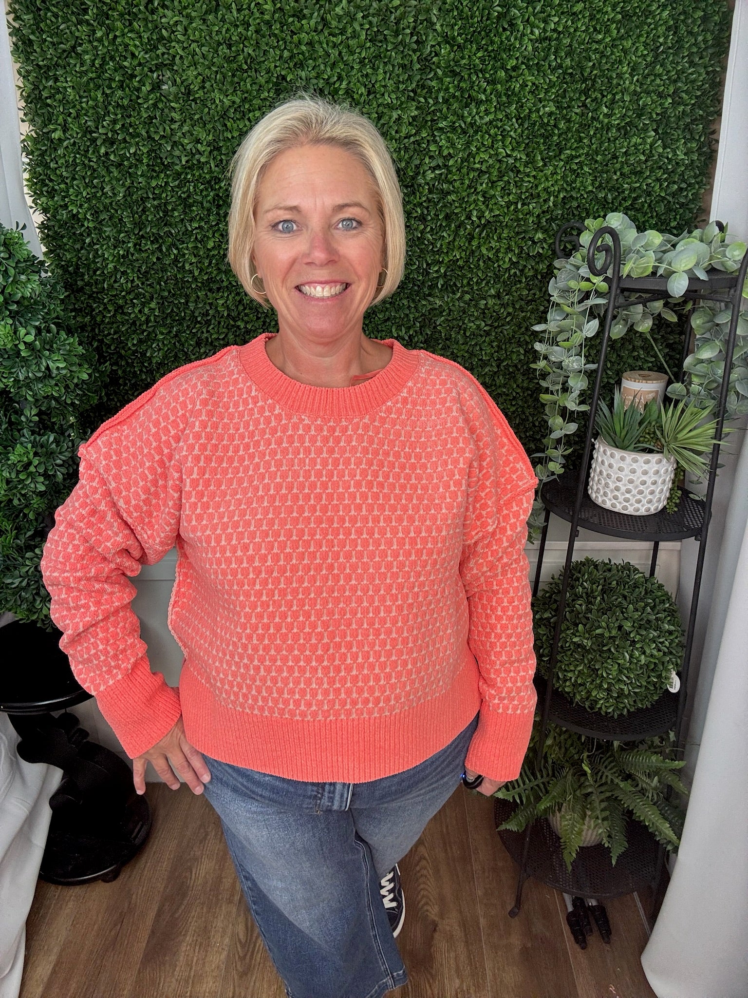 TEXTURED CREW NECK KNIT SWEATER - CORAL