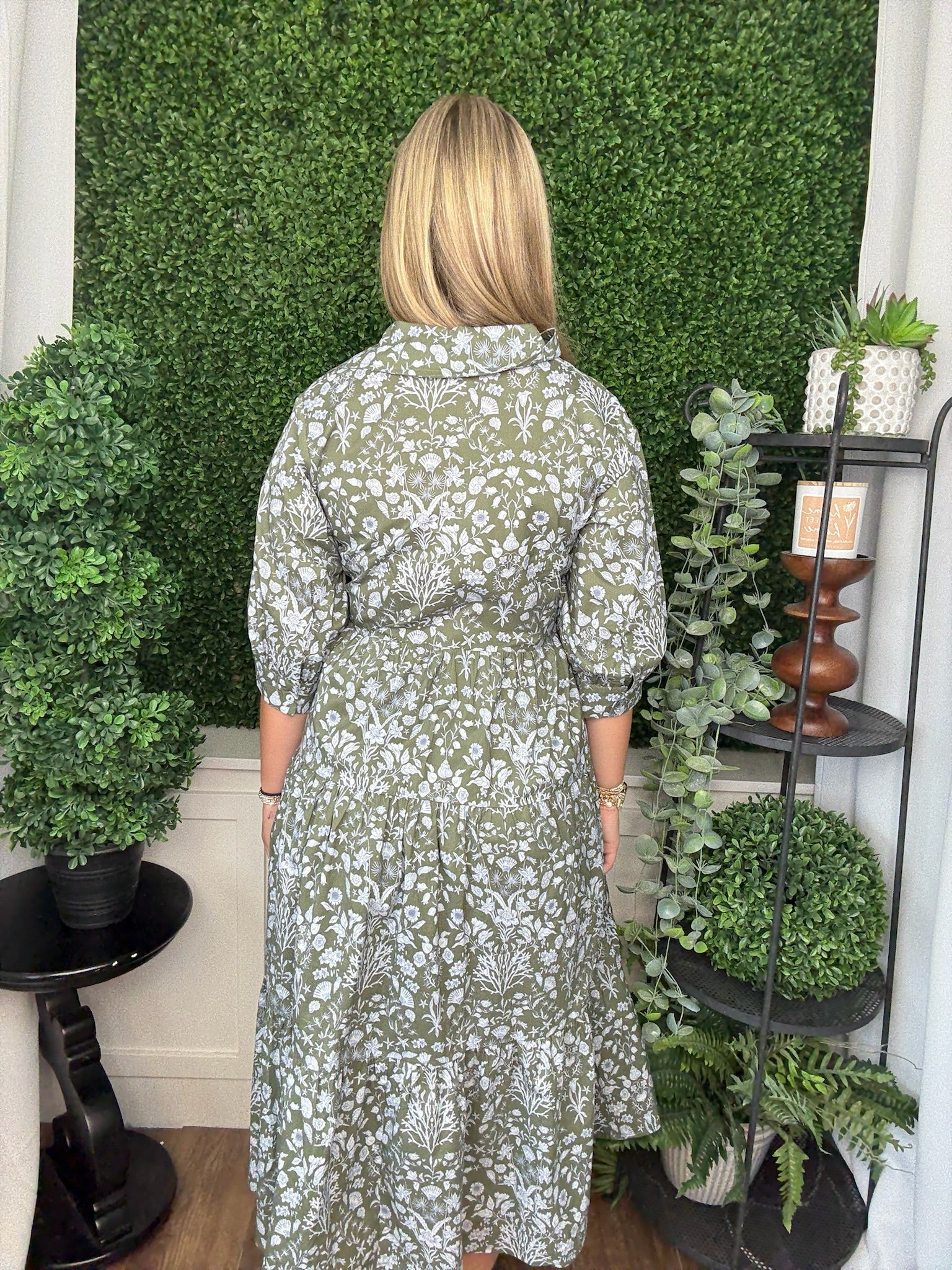 FLORAL PRINT CUFF 3/4 SLEEVE MIDI DRESS - OLIVE