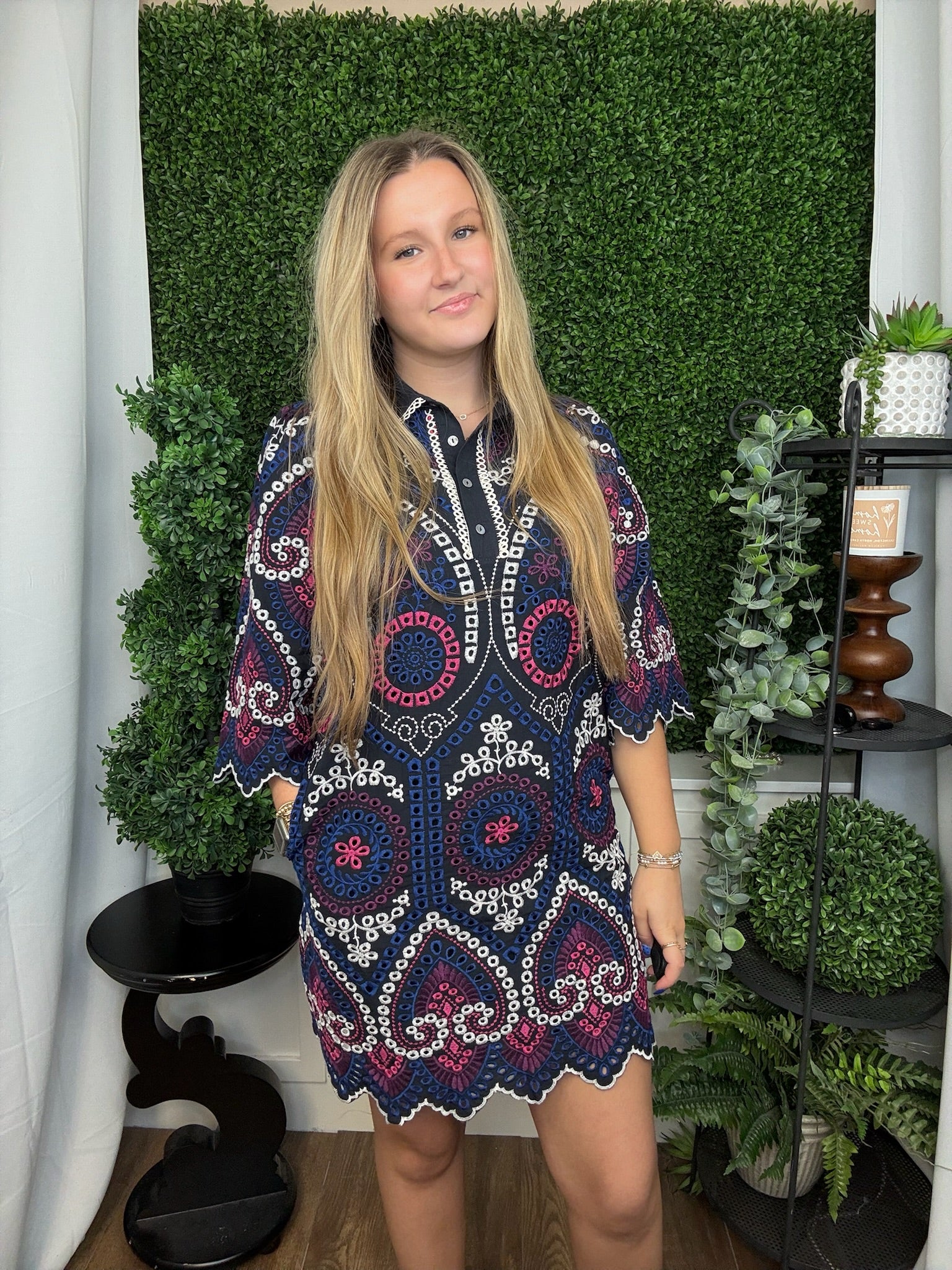 EMBROIDERED EYELET HALF SLEEVE MINI DRESS - NAVY