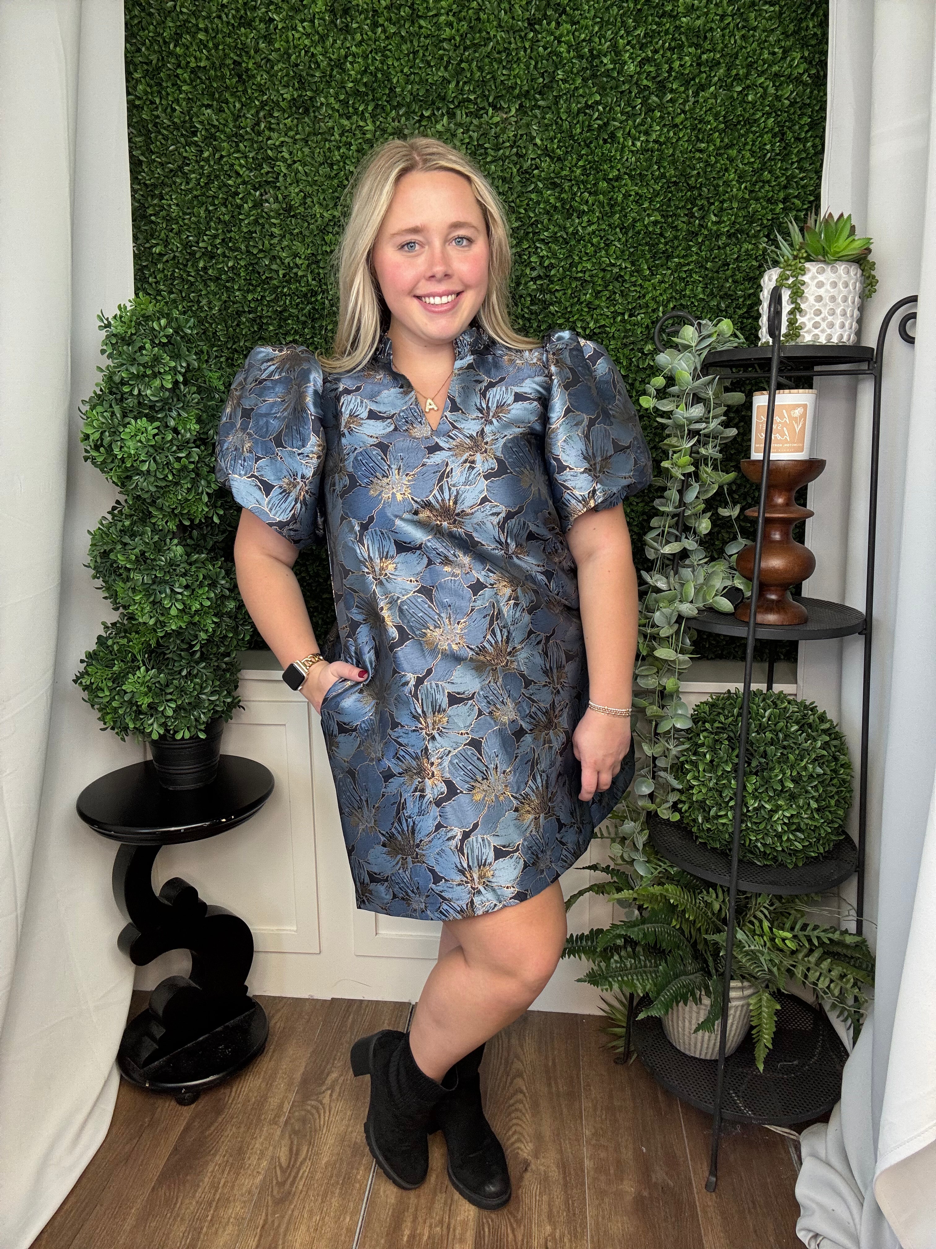 RUFFLE V-NECK PUFF SLV MINI DRESS - BLUE