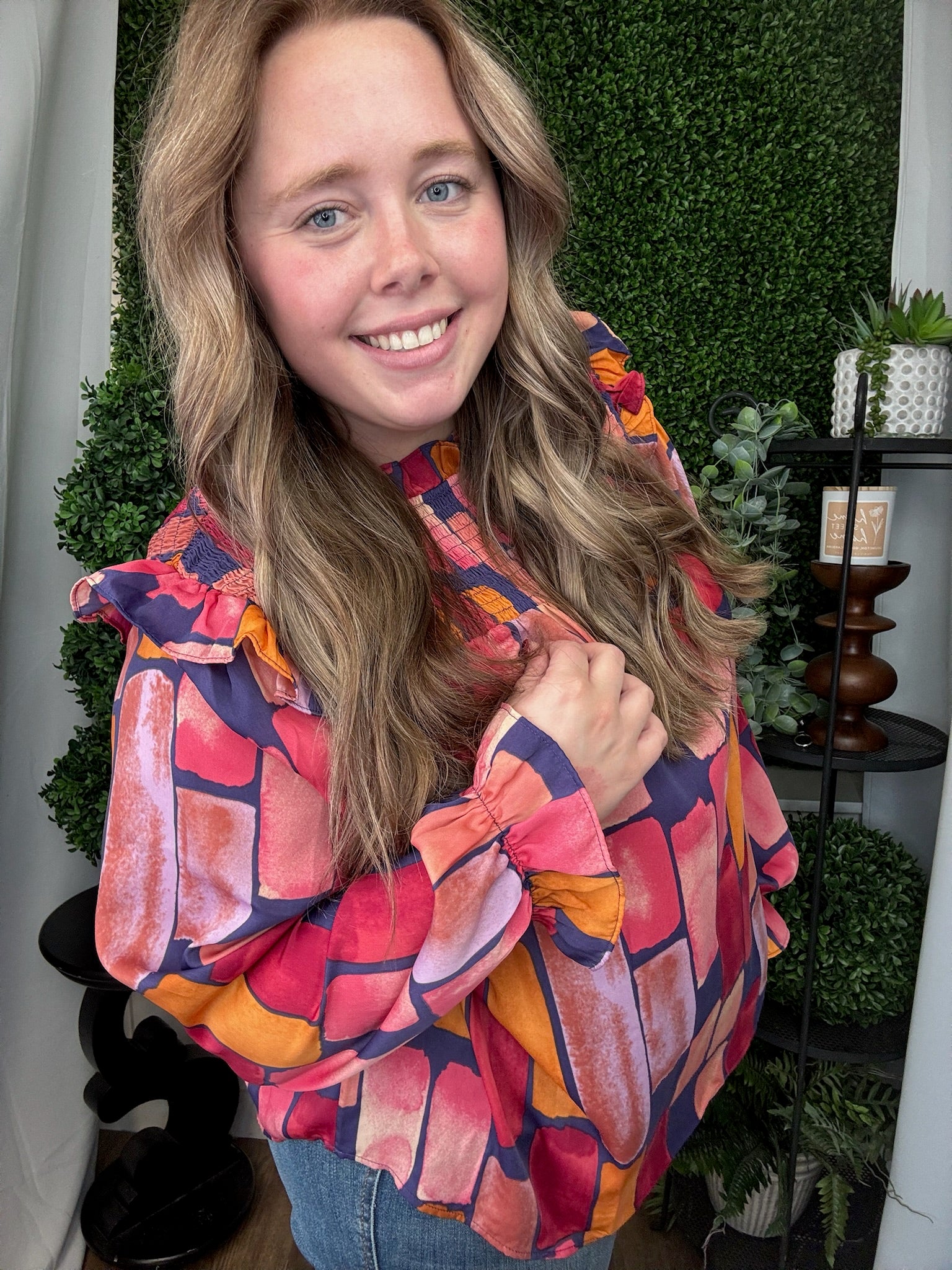 ABSTRACT PRINTED MIRABELLE SATIN BLOUSE - MIDNIGHT BLUE