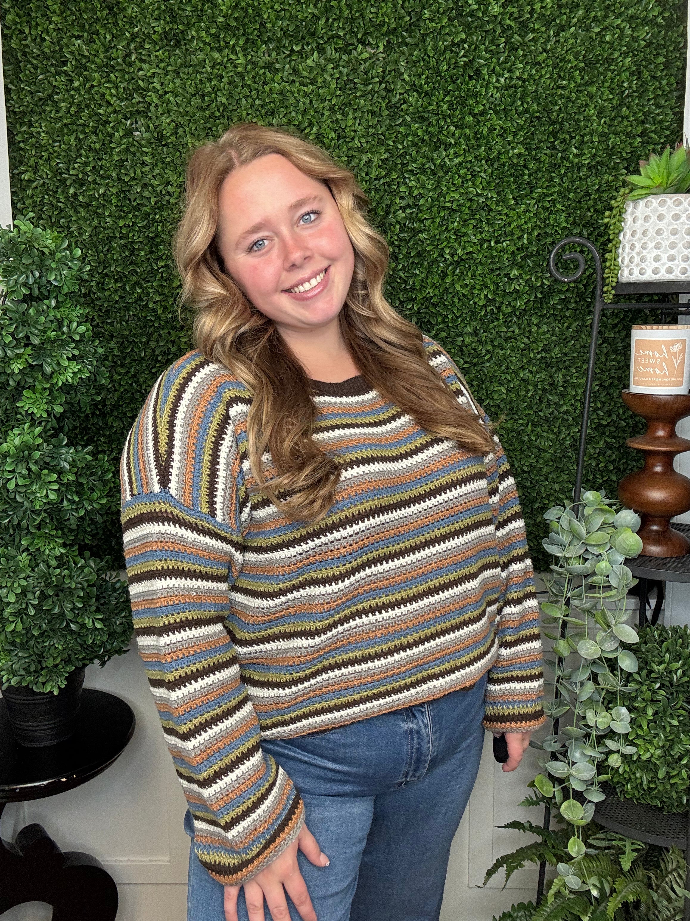 MULTI COLOR STRIPE LONG SLEEVE PULLOVER SWEATER - BROWN MULTI