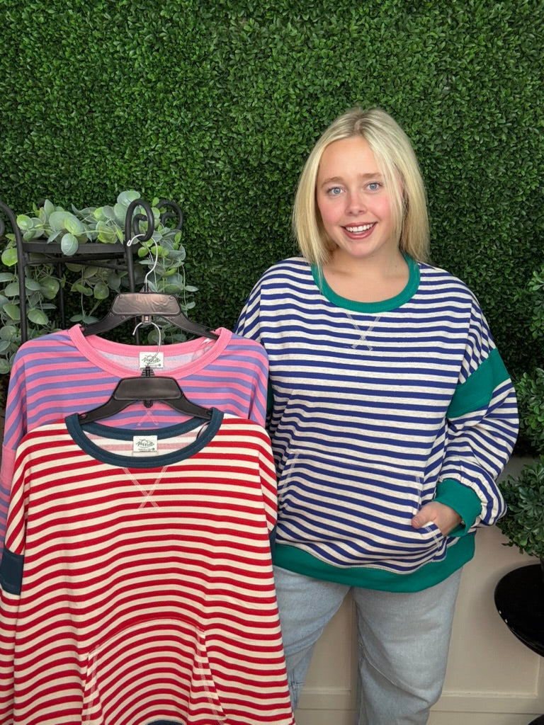 STRIPED COLOR BLOCK POCKET SWEATSHIRT - RED CREAM/ PINK LAVENDER/ ROYAL BLUE OAT
