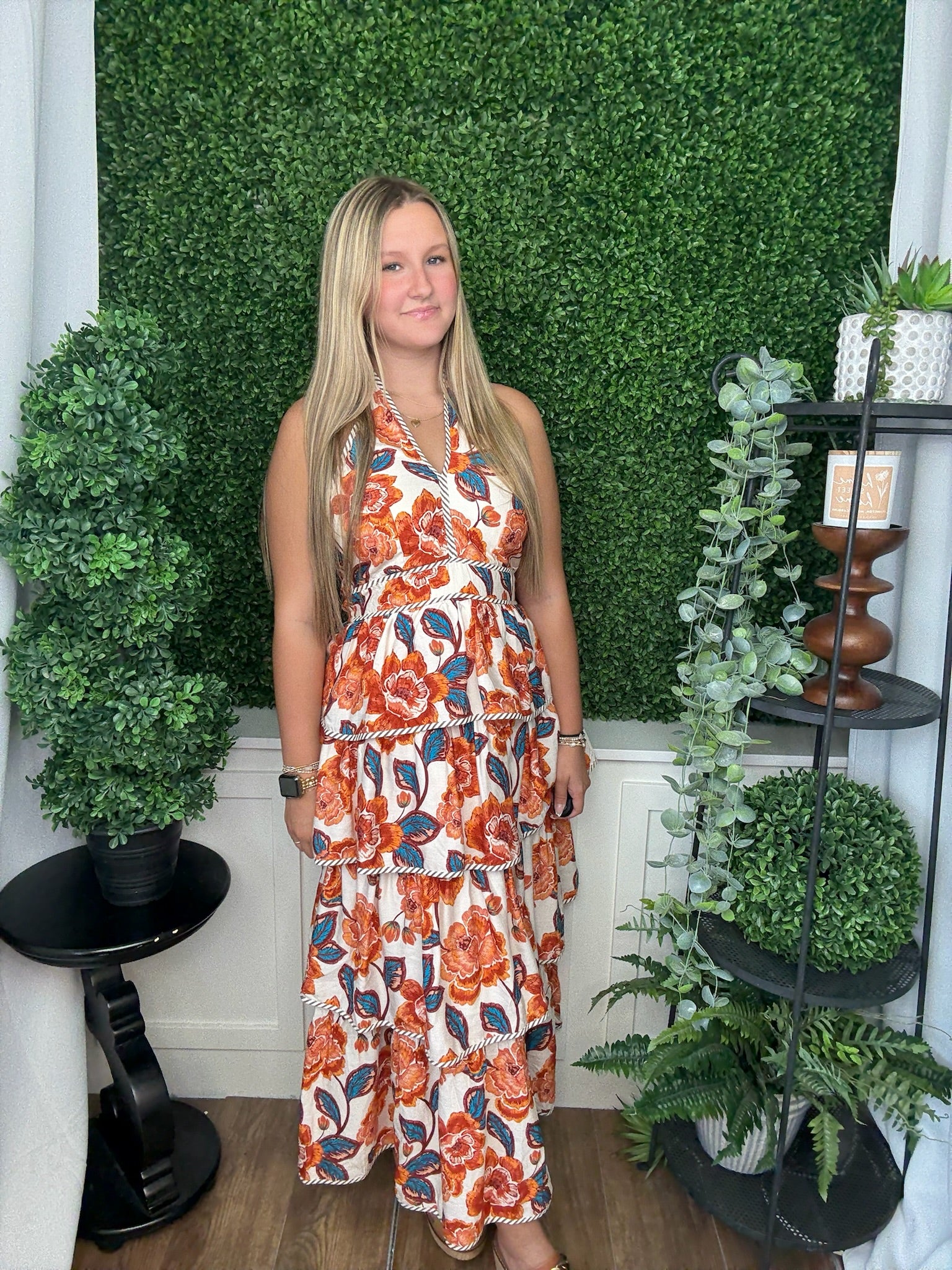 FLORAL PRINT TIERED BOW TIE HALTER DRESS