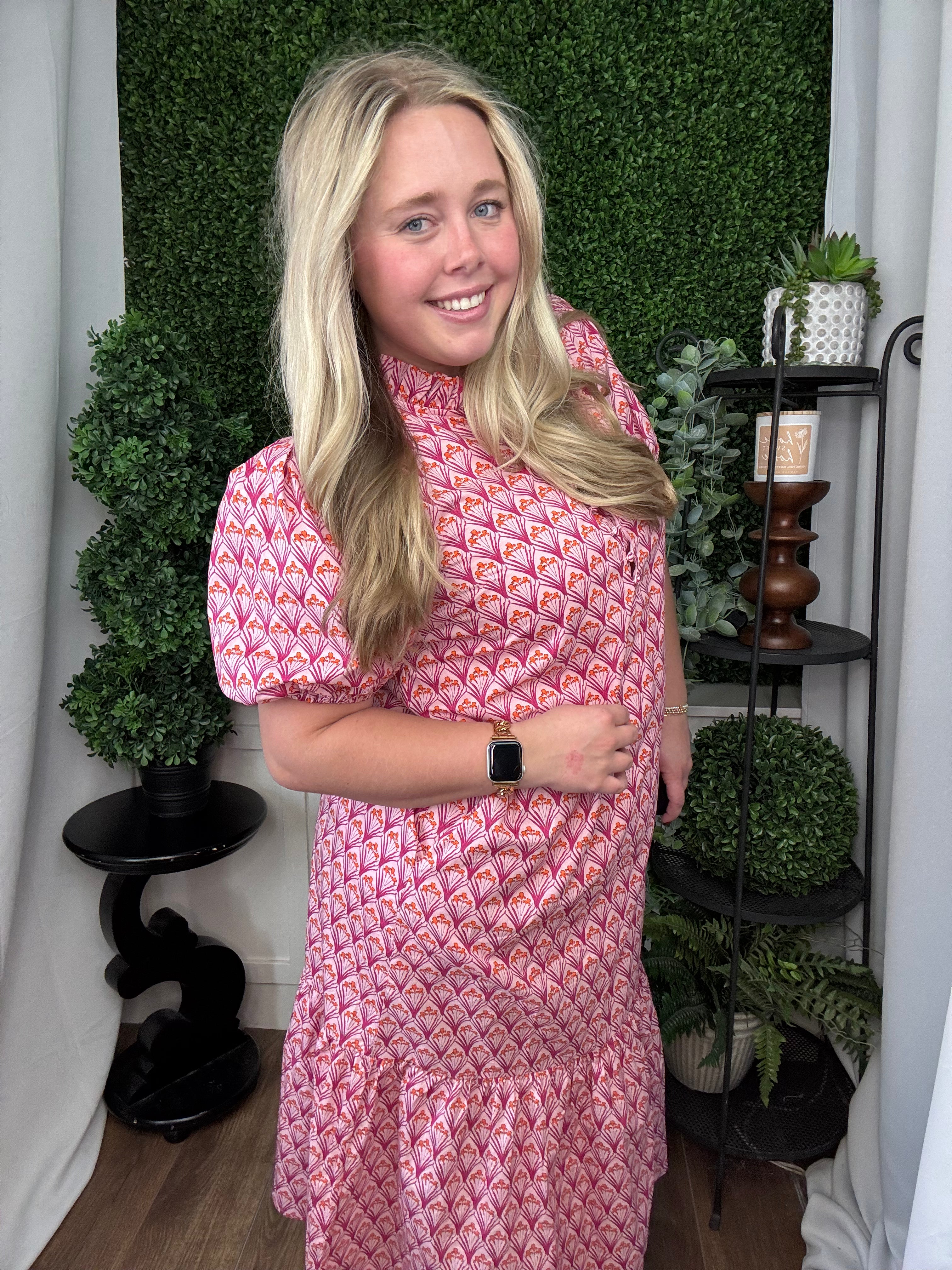 FLORAL PRINT PLEATED PUFF SLEEVE MIDI DRESS