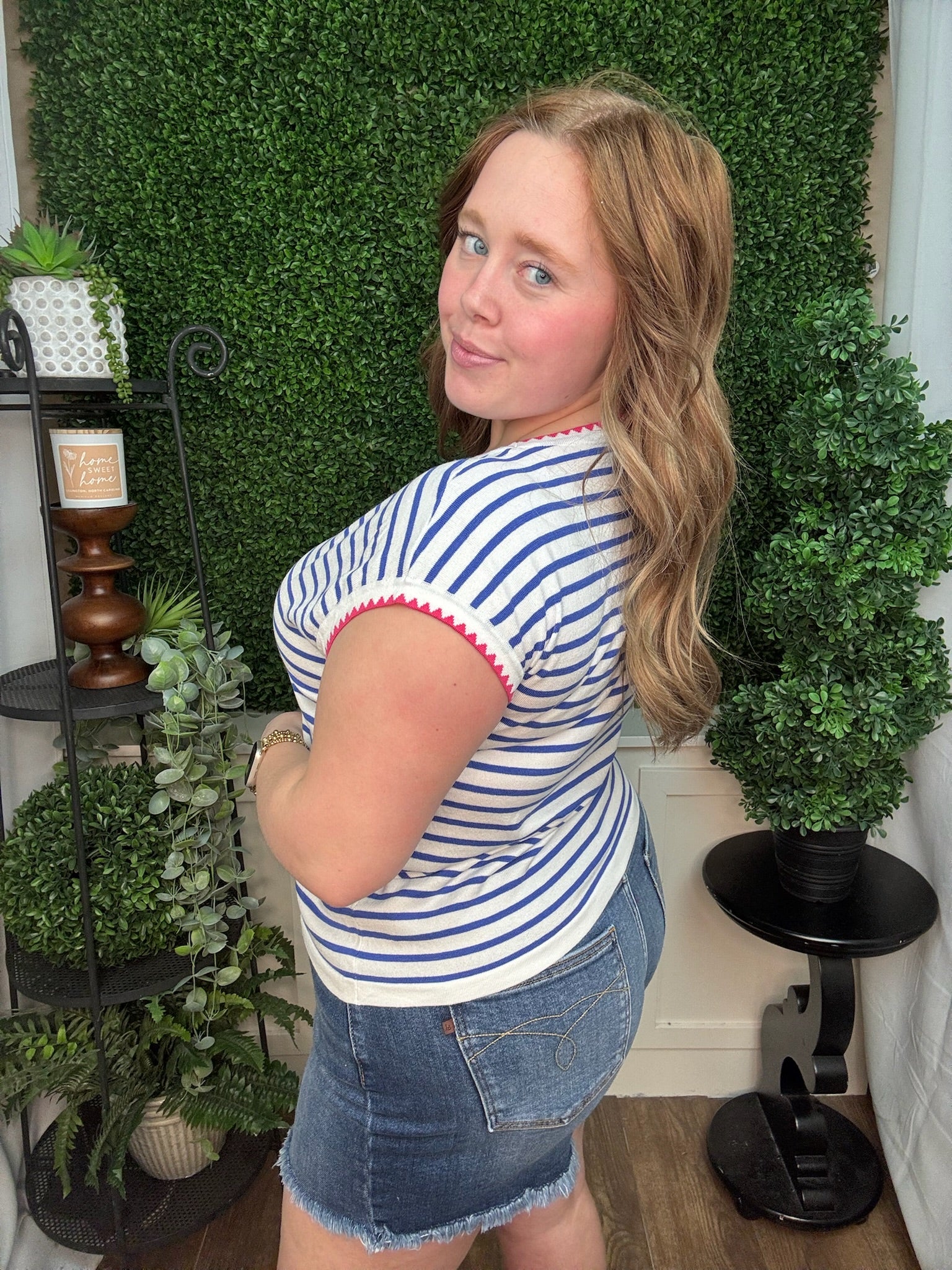 Classic Blue Stripe Knit Top with Pink Detail