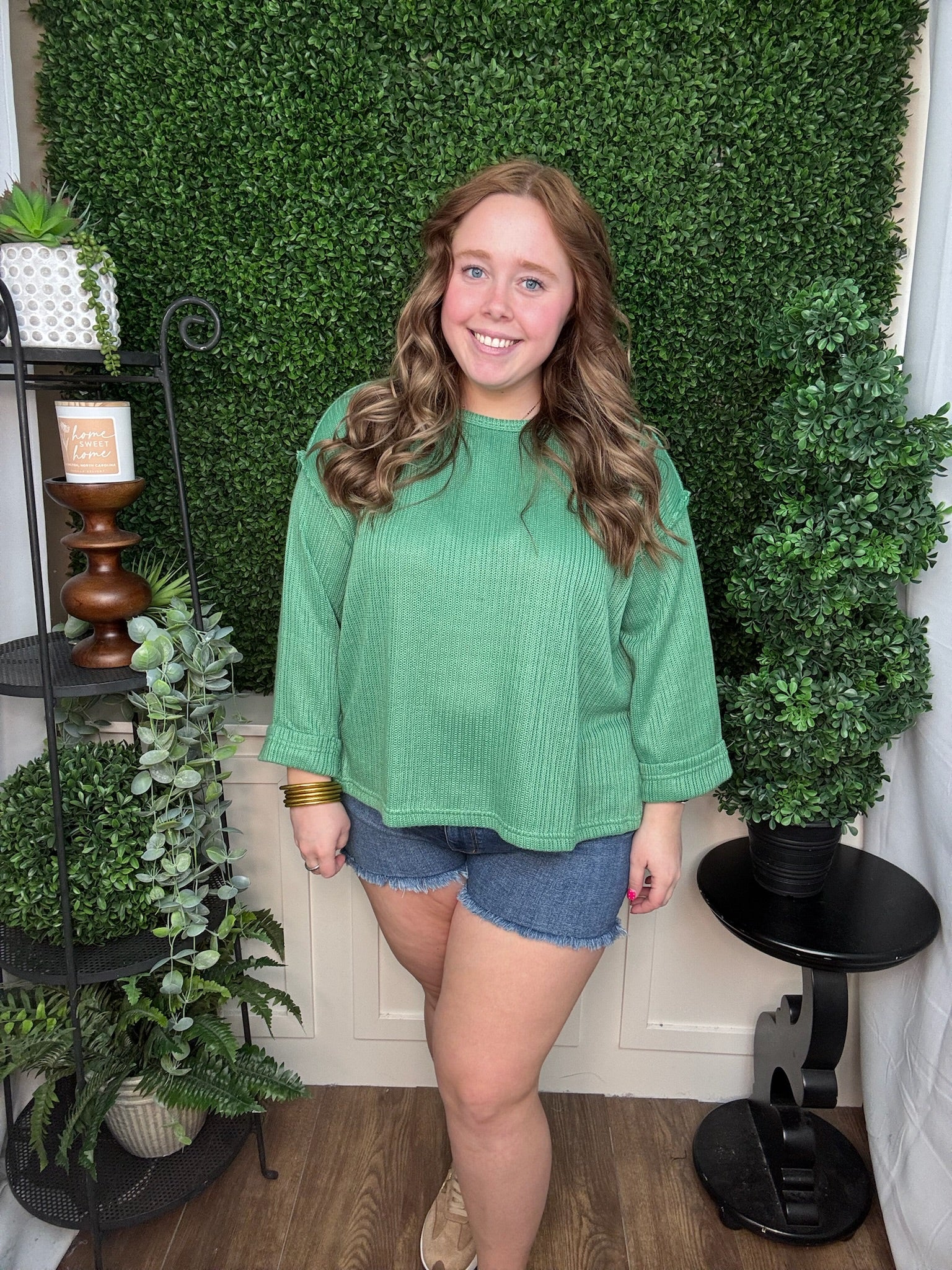 3/4 FOLDED SLEEVE KNIT TOP - GREEN