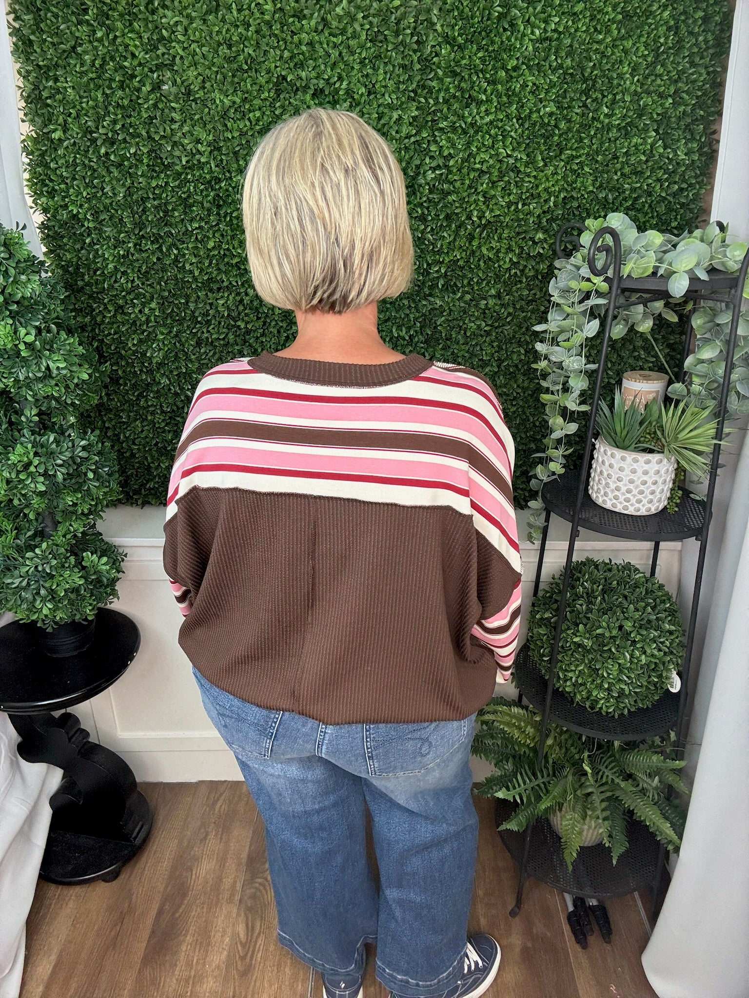 STRIPED DROP SHOULDER RIBBED TRIM PULLOVER - LAVENDER-OLIVE/ PINK-BROWN