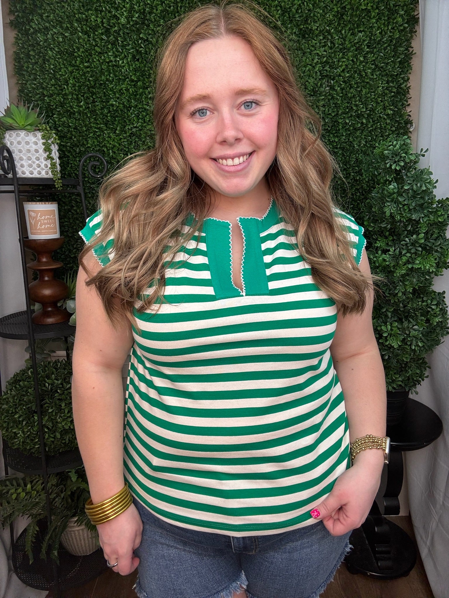 Striped Split Neck Sleeveless Top