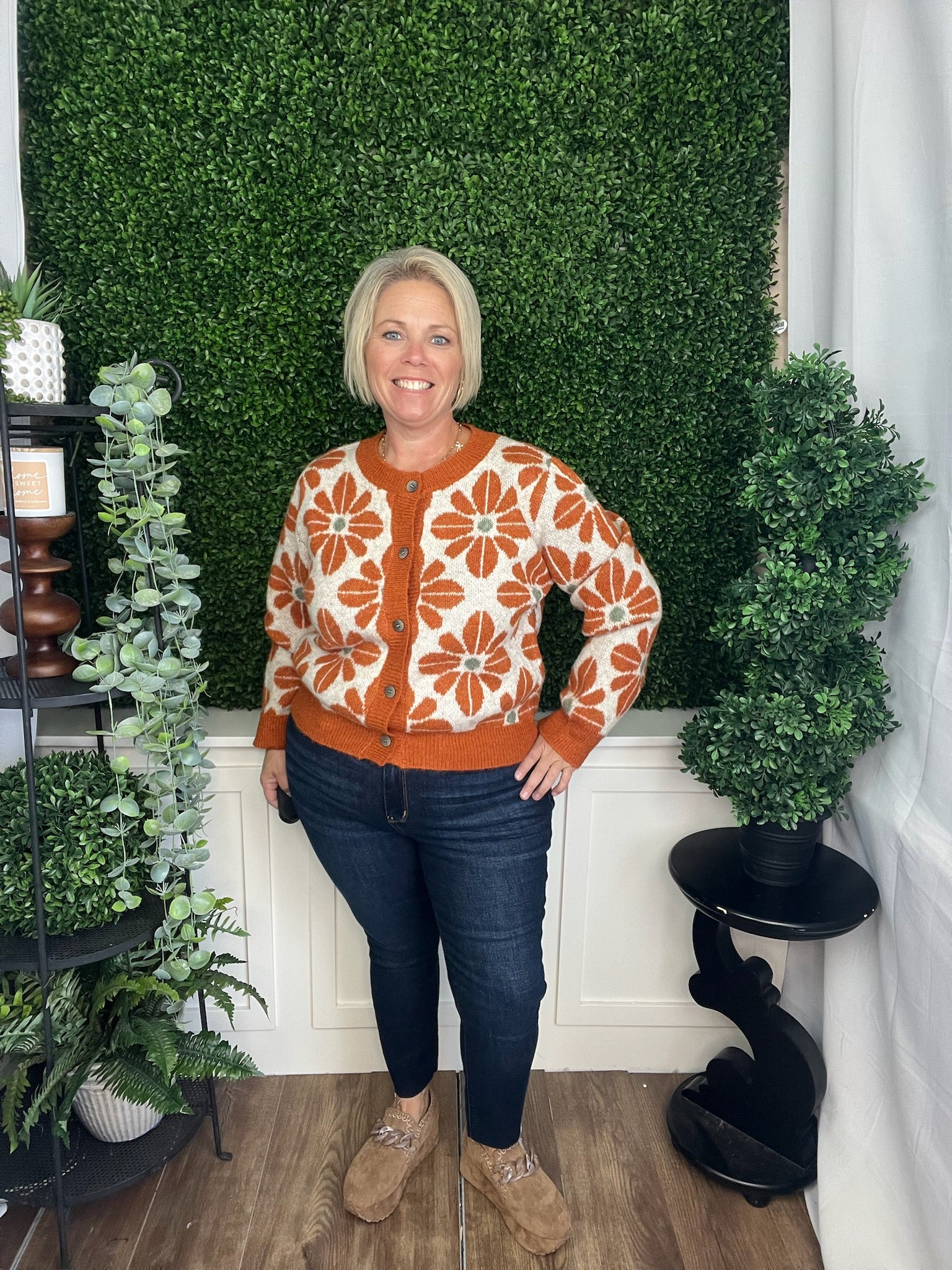 PATTERNED KNIT BUTTON FRONT JACKET - RUST