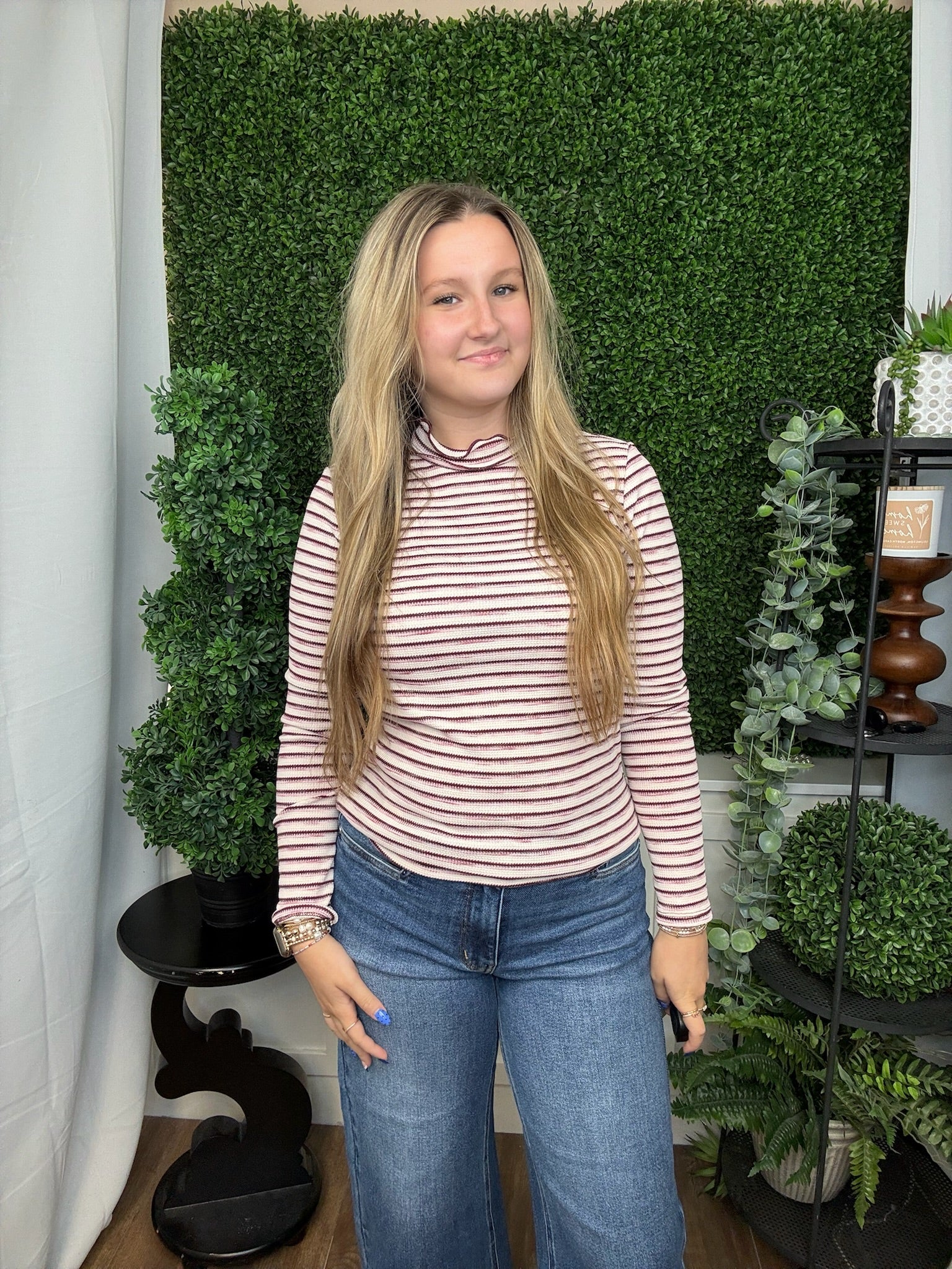 LETTUCE EDGED MOCK NECK LS KNIT TOP