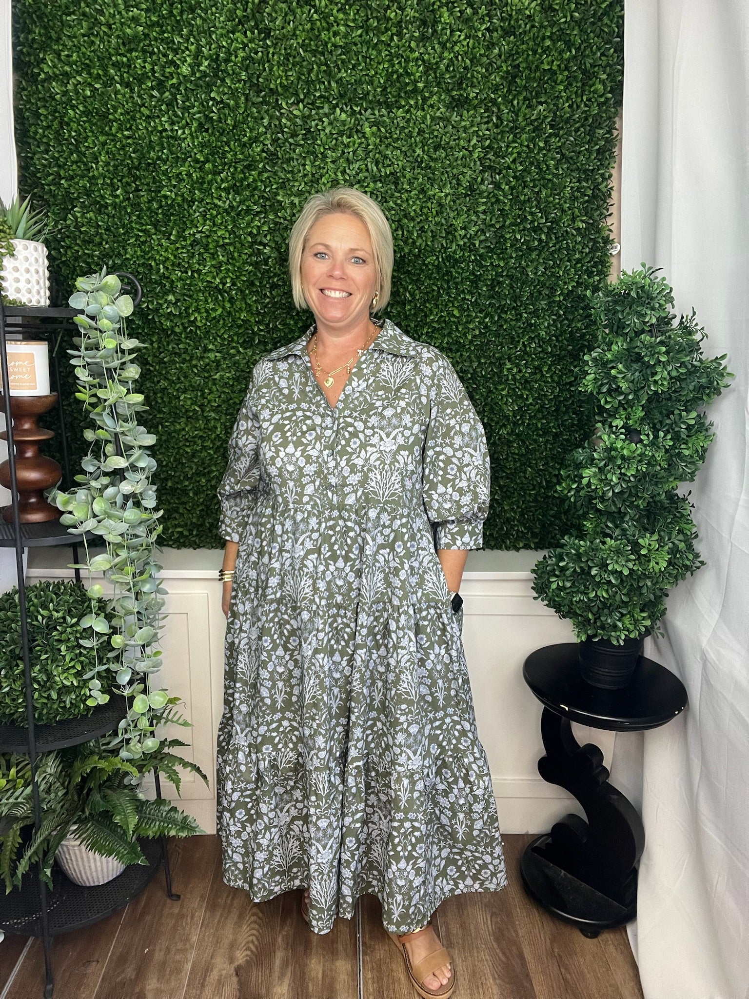 FLORAL PRINT CUFF 3/4 SLEEVE MIDI DRESS - OLIVE